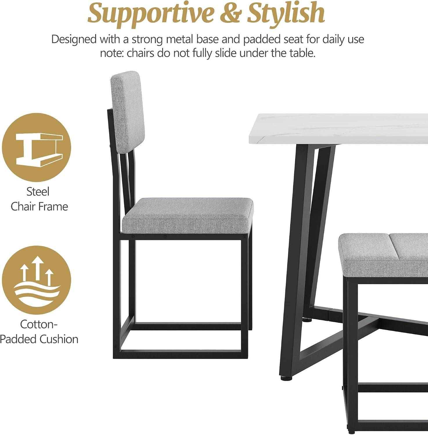 6-Piece Dining Room Set for 6, Faux Marble 51.18'' Dining Room Table with Linen Chairs & Bench, Sturdy Modern Kitchen Table and Chairs Set for Small Spaces