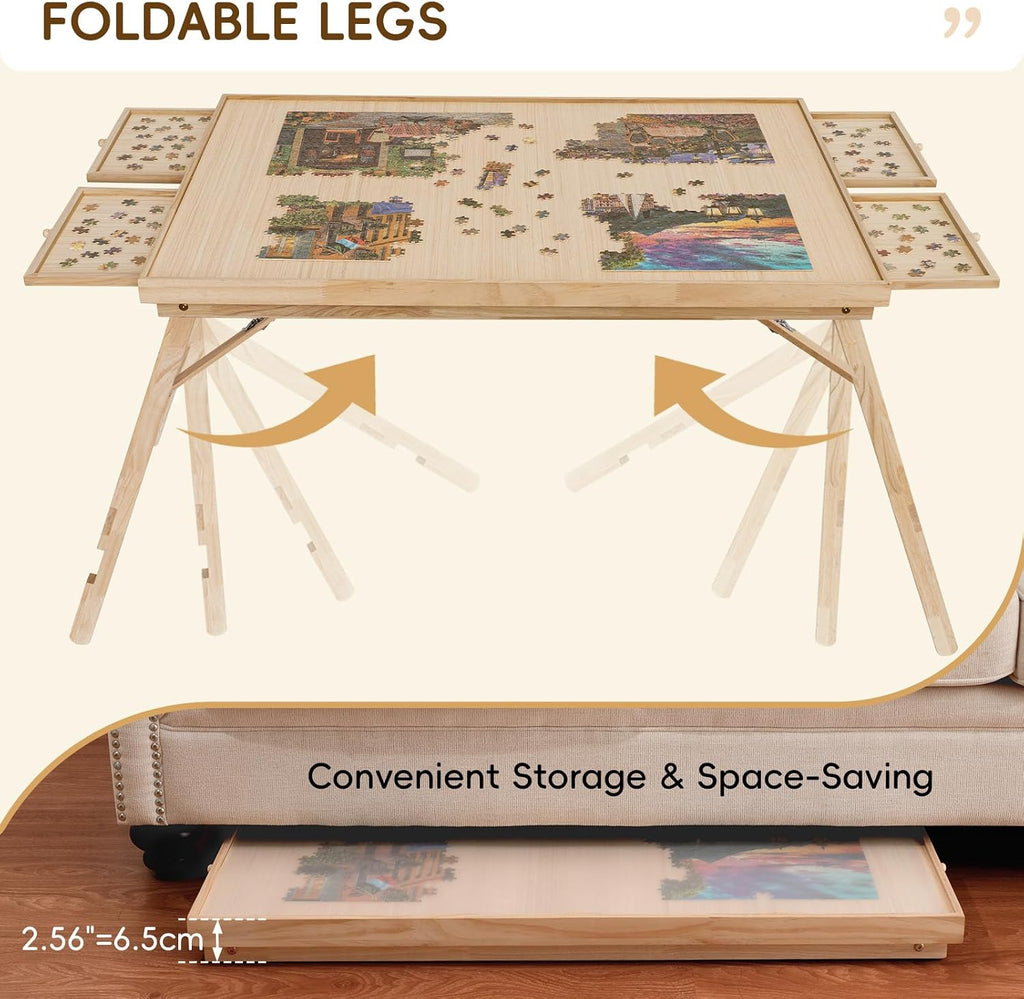TEAKMAMA 27.6' H Tall 2000 Piece Puzzle Table with Legs, 41' W x 28.5' D Large Wood Folding Jigsaw Puzzle Board with Cover for Adults, 4 Drawers, Nature