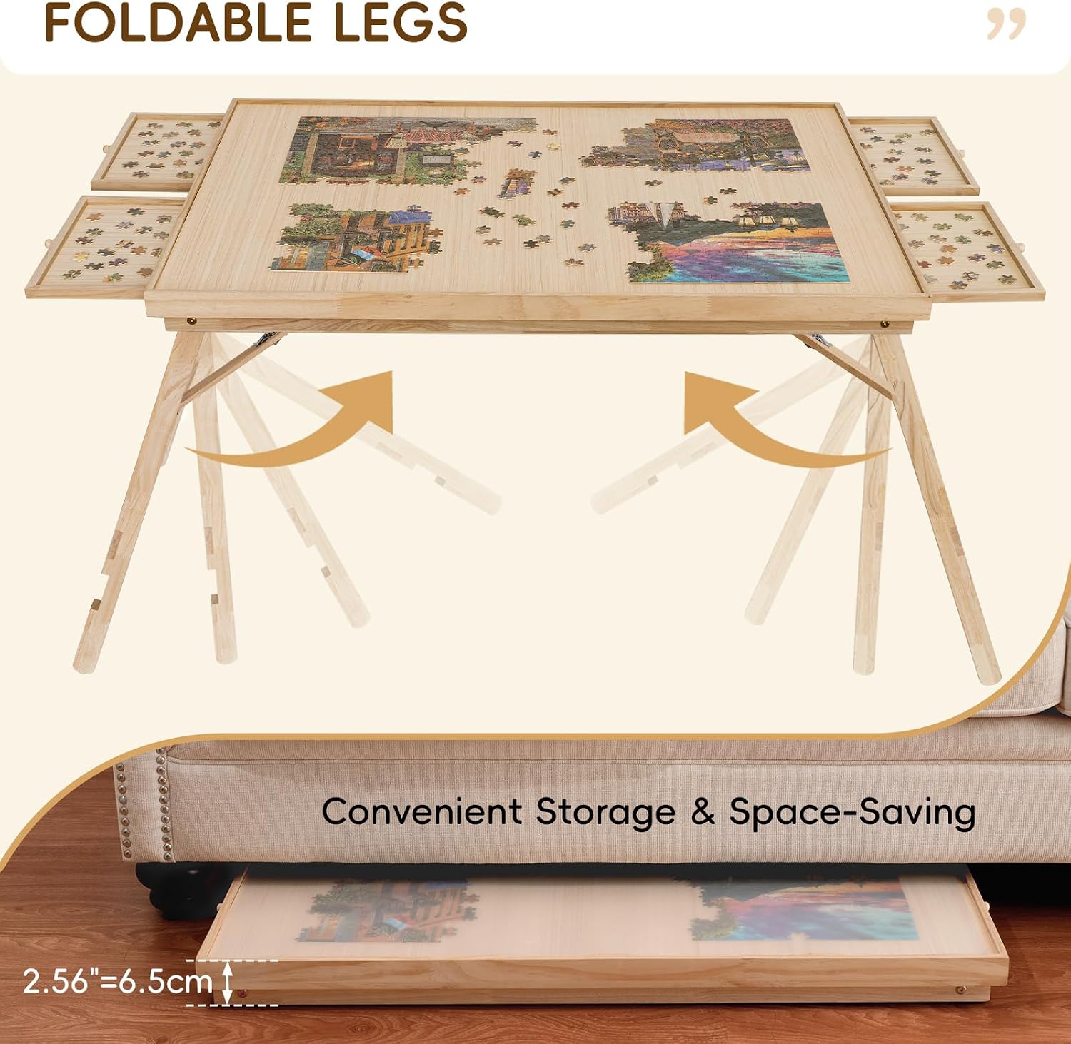 TEAKMAMA 27.6' H Tall 2000 Piece Puzzle Table with Legs, 41' W x 28.5' D Large Wood Folding Jigsaw Puzzle Board with Cover for Adults, 4 Drawers, Nature
