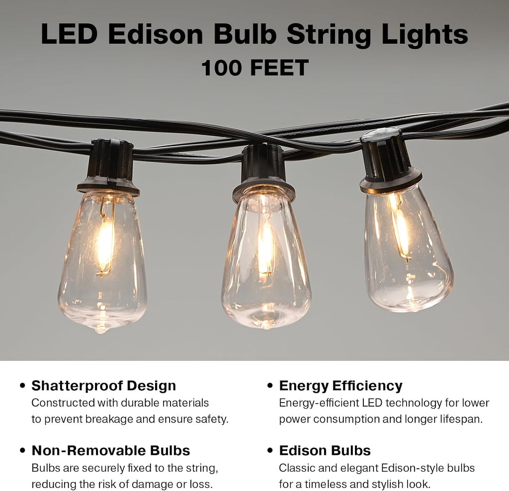 EXCELLO GLOBAL PRODUCTS Premium String Light Pole 4 Pack with 100' of LED Edison Bulb String Lights (Deck Mount)