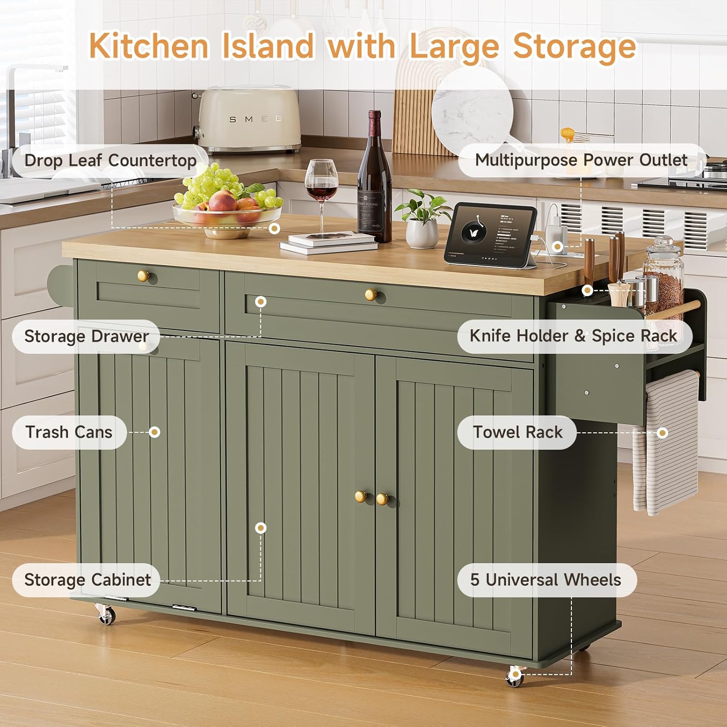 60' Kitchen Island with Power Outlet & Drop Leaf, Kitchen Rolling Island with Spice Rack & Towel Rack, Knife Holder, Kitchen Island Cart with Trash Storage Cabinet, Mobile Island Table for Kitchen