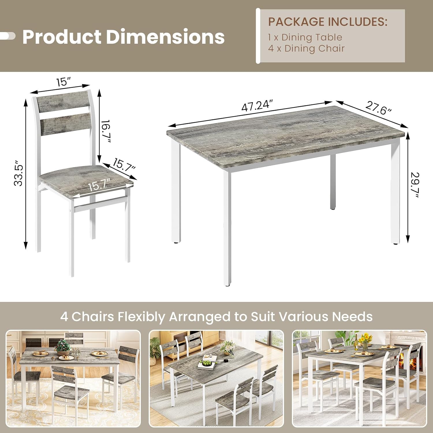 DKLGG Dining Room Table Set for 4 Farmhouse 5 Piece Dining Table Set, Small Kitchen Table Set for 4 for Kitchen and Dining, Apartment (Grey)