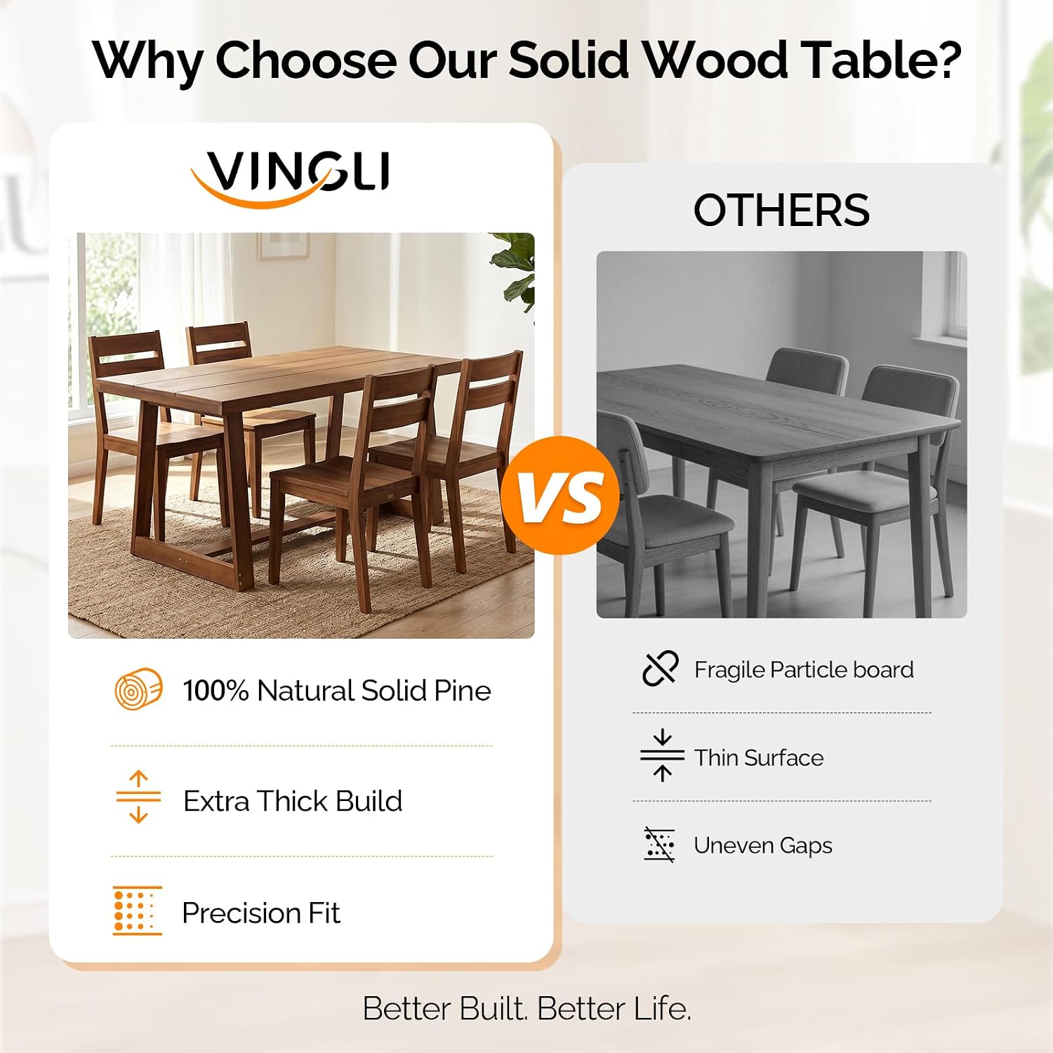 VINGLI 48 Inch Farmhouse Dining Table for 4-6, Solid Pine Wood Table with 4 Corner Protectors, Rectangular Dining Table for Kitchen, Dining Room, Small Apartment, Studio, Family Dinner, Walnut