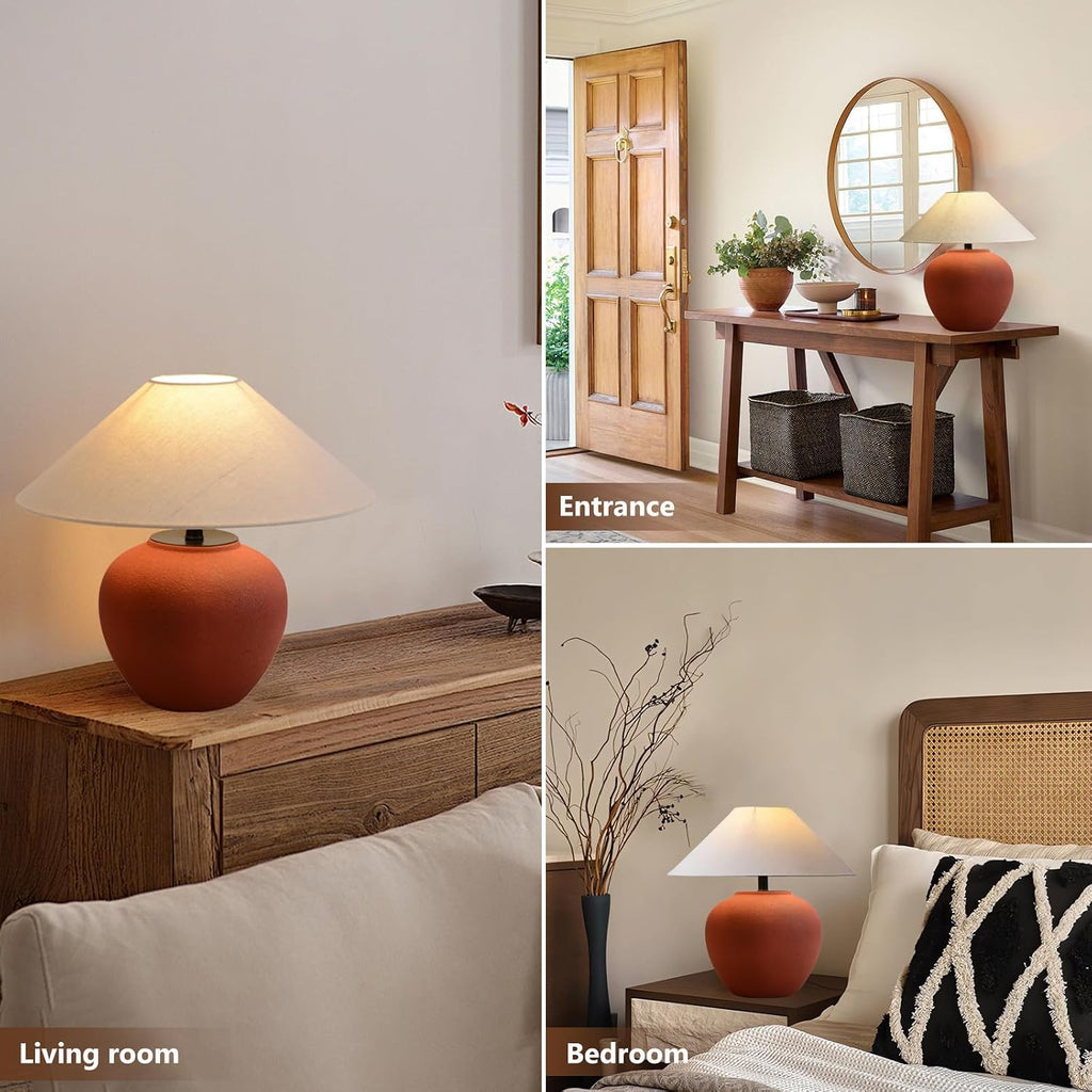 Farmhouse Table Lamp Red 18.8' Ceramic Table Lamp Southwestern Natural Red Clay Pot Lampbody with Beige Linen Shade Nightstand Lamp for Bedroom Living Room Entryway (D16.5*H18.8(Large))