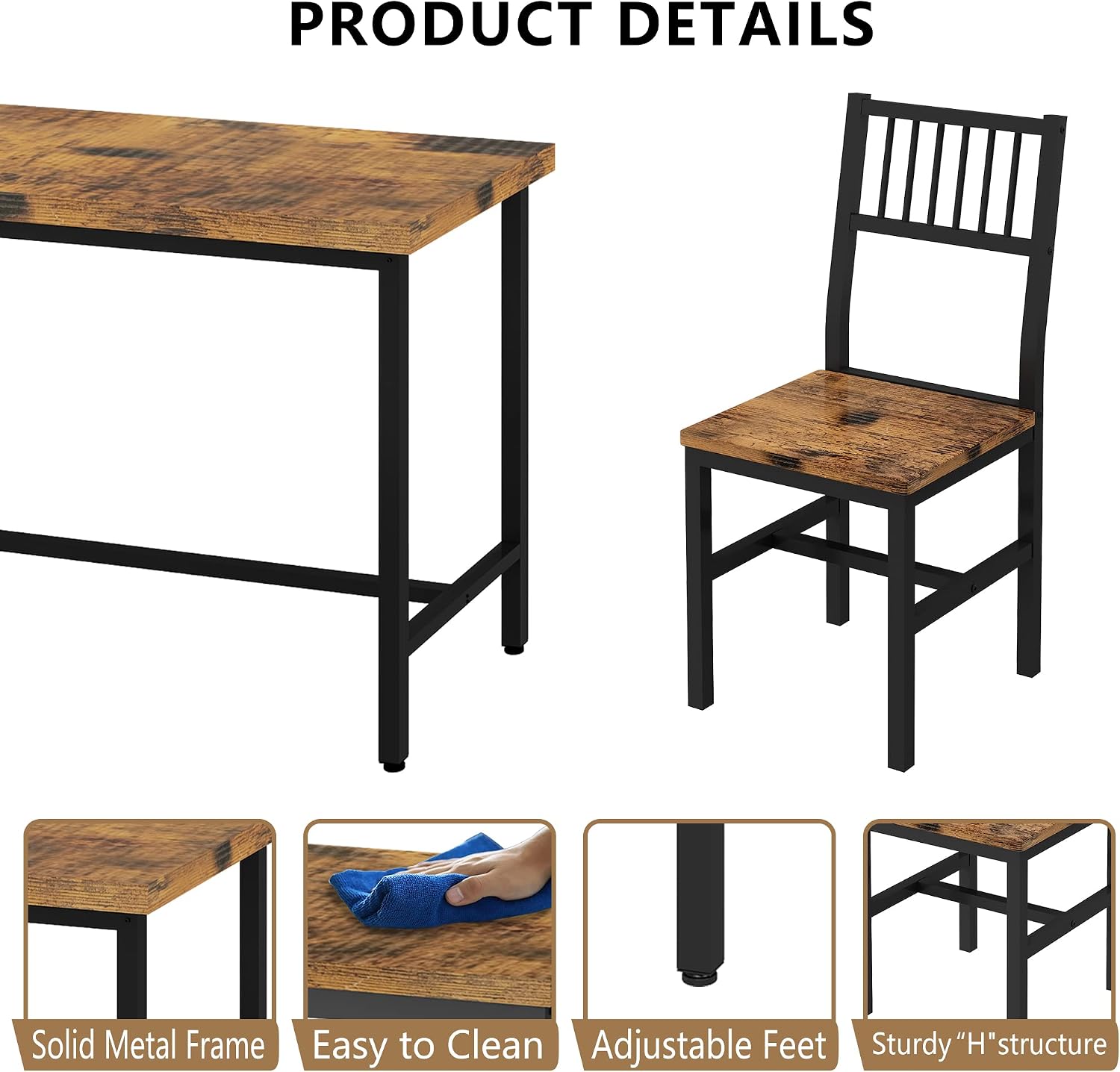 AWQM 43.3 Inch Dining Table Set for 4,Industrial Table with 4 Curved Chairs Set,5-Piece Rectangular Kitchen Table Set for Dining Room,Breakfast Nook,Small Space