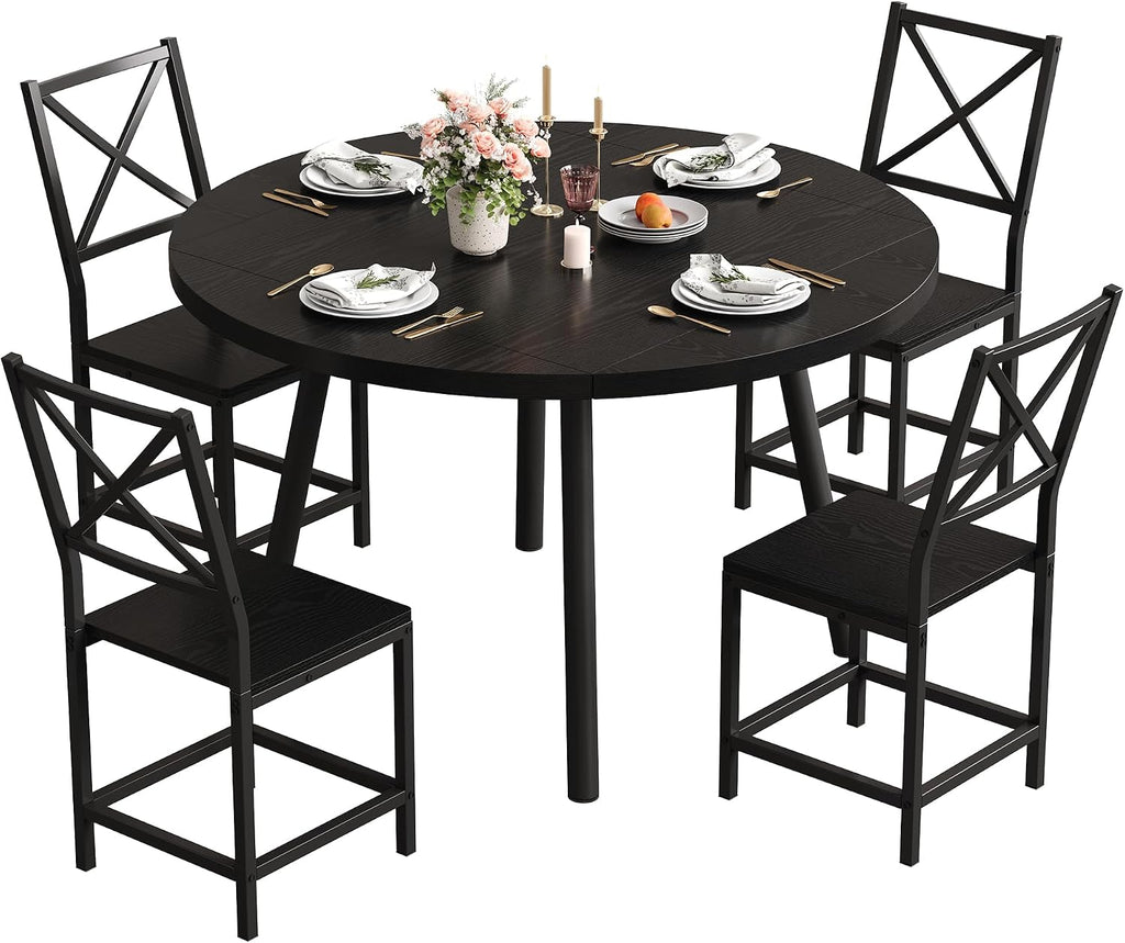 IRONCK Dining Table Set for 4, Round Kitchen Table and 4 Stool Chair for Dining Room, 44.5inch Drop Leaf Desk, Small Space Saving, Black