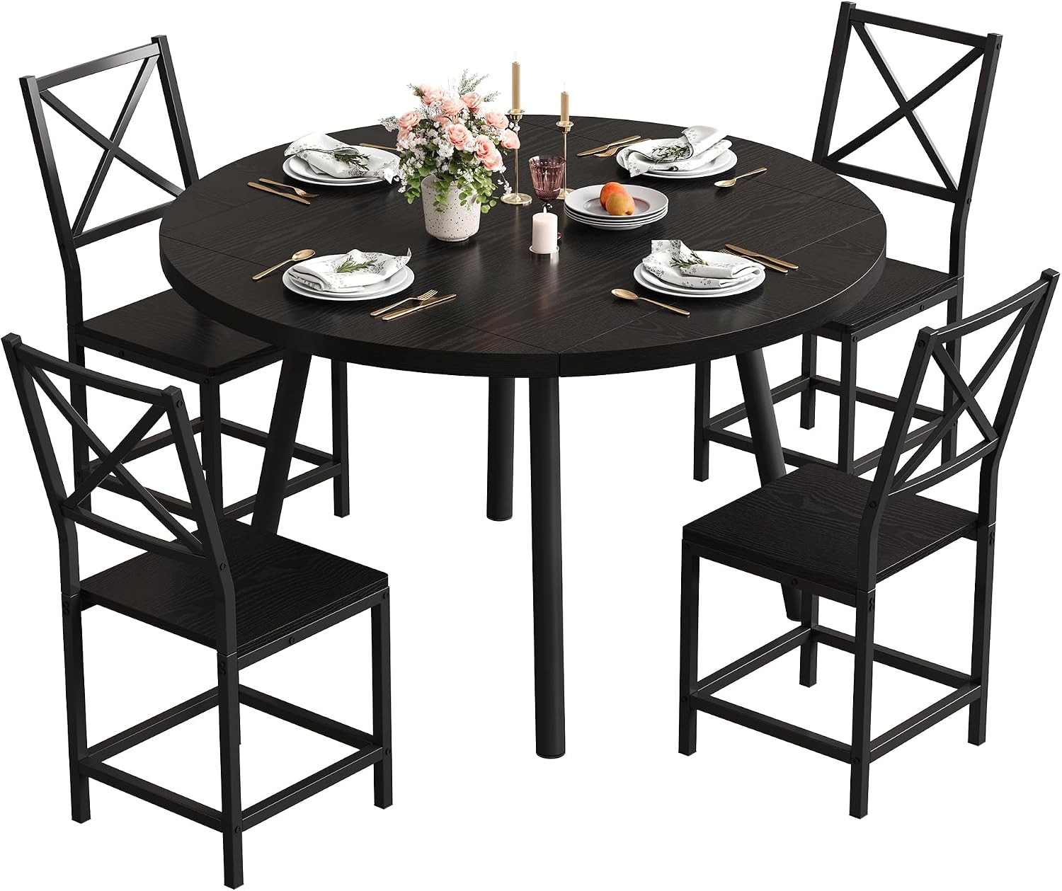 IRONCK Dining Table Set for 4, Round Kitchen Table and 4 Stool Chair for Dining Room, 44.5inch Drop Leaf Desk, Small Space Saving, Black