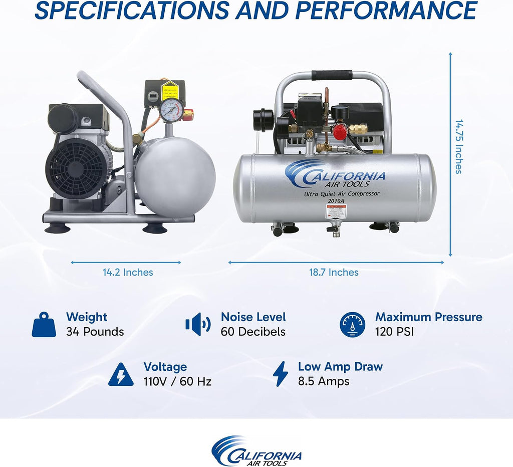 California Air Tools 2010A 1.0 HP Ultra Quiet and Oil-Free Air Compressor, 2 Gallon Aluminum Tank, 60 dBA Noise Level, Silver