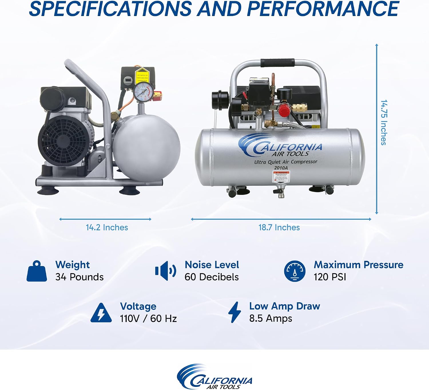 California Air Tools 2010A 1.0 HP Ultra Quiet and Oil-Free Air Compressor, 2 Gallon Aluminum Tank, 60 dBA Noise Level, Silver