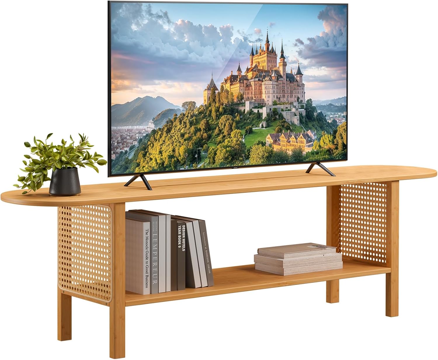 HollyHOME Bamboo TV Stand with Storage for TVs up to 65', Modern Entertainment Center with Rattan Side, Accent TV Table with 2 Shelf, Media Console TV Stand for Living Room, Bedroom, Burlywood
