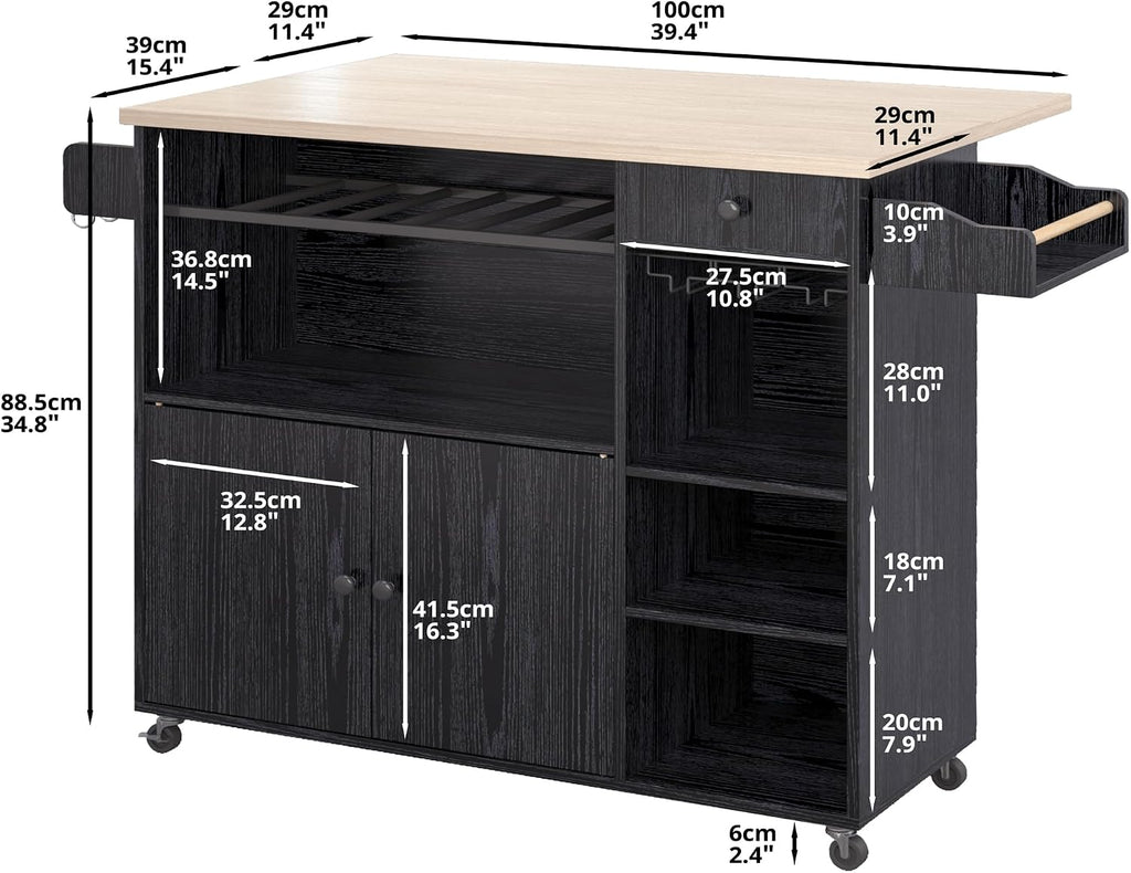 IRONCK Rolling Kitchen Island Cart with Drop-Leaf and Wine Rack, Microwave Rack Serving Cart on Wheels with Drawer & Shelves & Spice Rack & Cup Hanging, Black