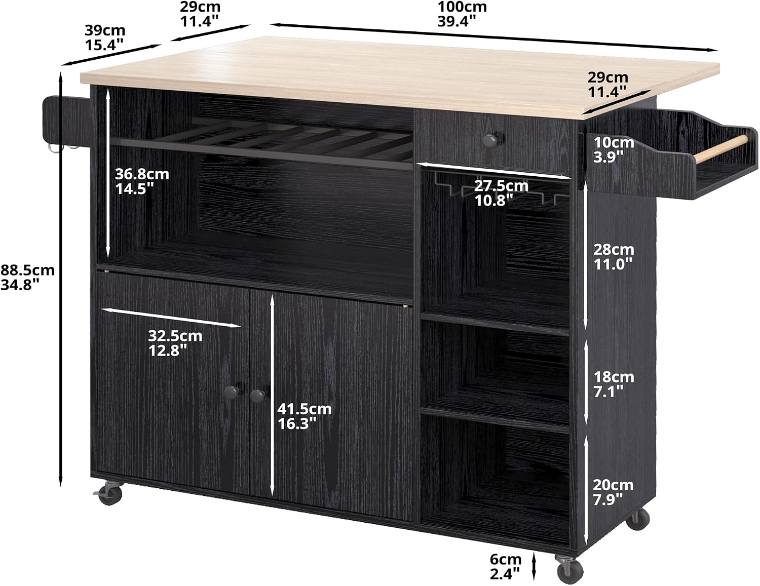 IRONCK Rolling Kitchen Island Cart with Drop-Leaf and Wine Rack, Microwave Rack Serving Cart on Wheels with Drawer & Shelves & Spice Rack & Cup Hanging, Black