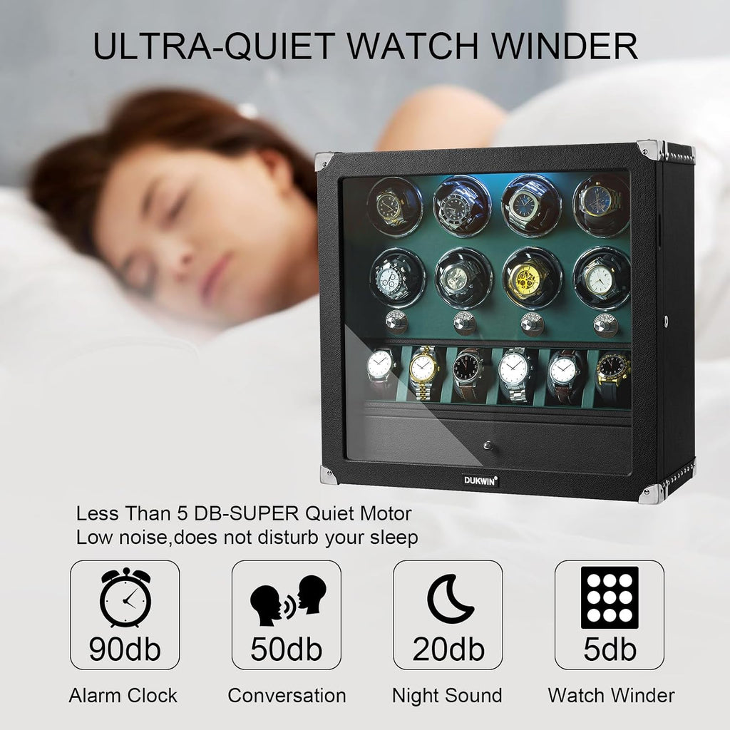 DUKWIN Watch Winder for 4/6/8 Automatic Watches, Lockable Winders with Watch Holders and Jewelry Storage, Super Quiet Motor with High-Gloss Finish, Built-in Illumination