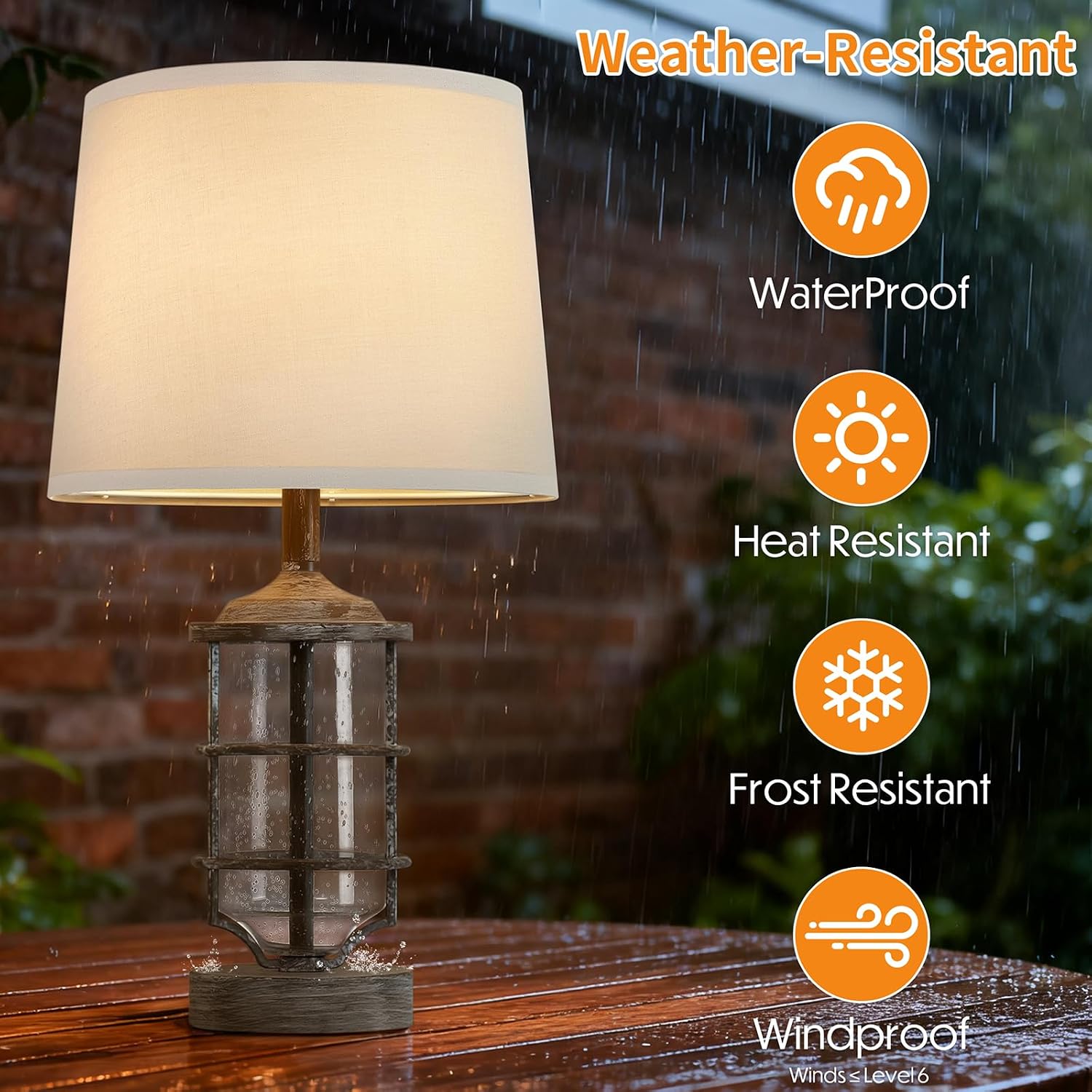 Outdoor Table Lamp, Farmhouse Lamp for Patio Table Decor with Cord, Rustic Table Light with Seeded Glass, 23.5' Plug-in Outdoor Lamps for Patio Waterproof, LED Bulb Included (Antique White Color)