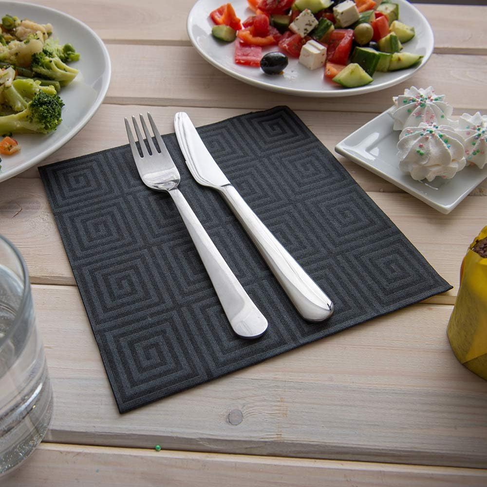 Restaurantware Luxenap 15.75 Inch Disposable Napkins 600 Soft Linen Like Napkins - Absorbent Air Laid Black With Greco Pattern Paper Cloth Like Napkins Pre-folded For Dinner Party Guests