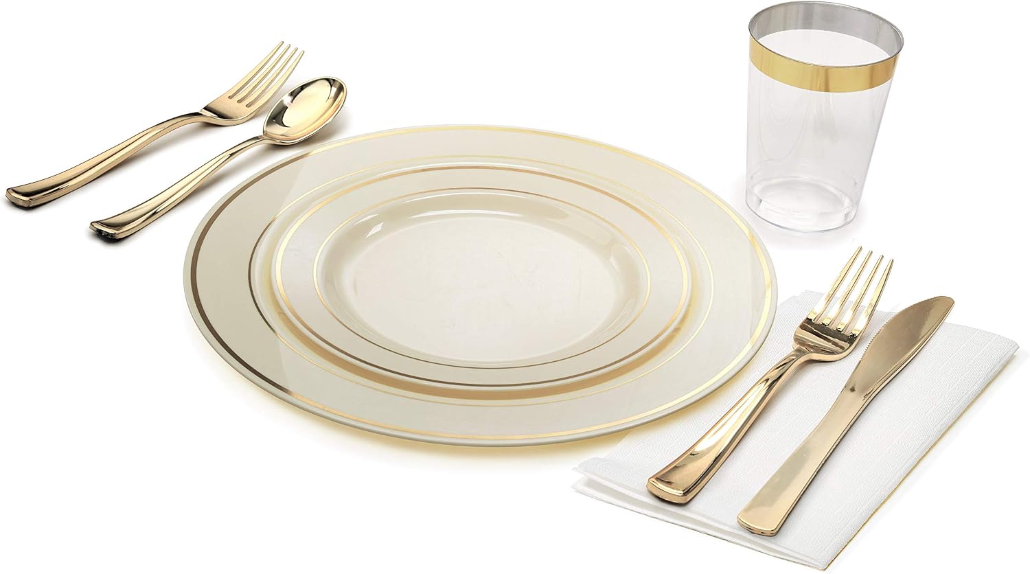 ' OCCASIONS ' 960 pcs/120 Guest-Full Set - Wedding Disposable Plastic Plates Silverware, Gold Rimmed Tumblers and Ivory Napkins (Combo B, Ivory & Gold Rim)
