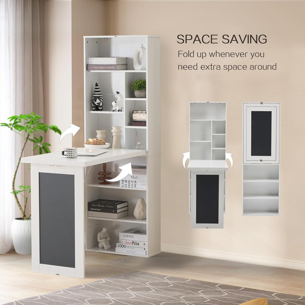 Folding Desk with Storage,Foldable Convertible Writing table with Blackboard and Shelves,Wall Mount Fold Out Table Cabinet , Space-Saving Murphy Desk Multi-Function Home Office Workstation (White)