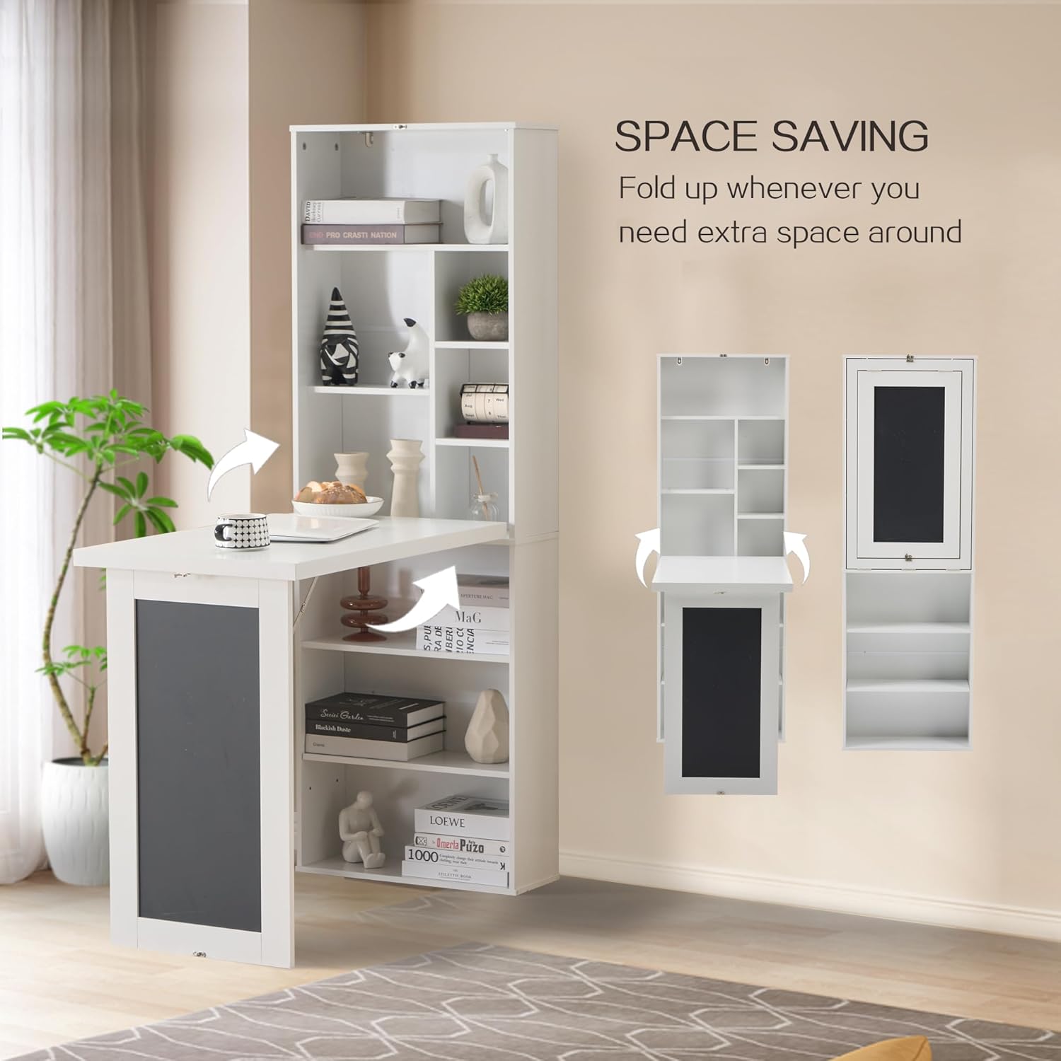 Folding Desk with Storage,Foldable Convertible Writing table with Blackboard and Shelves,Wall Mount Fold Out Table Cabinet , Space-Saving Murphy Desk Multi-Function Home Office Workstation (White)