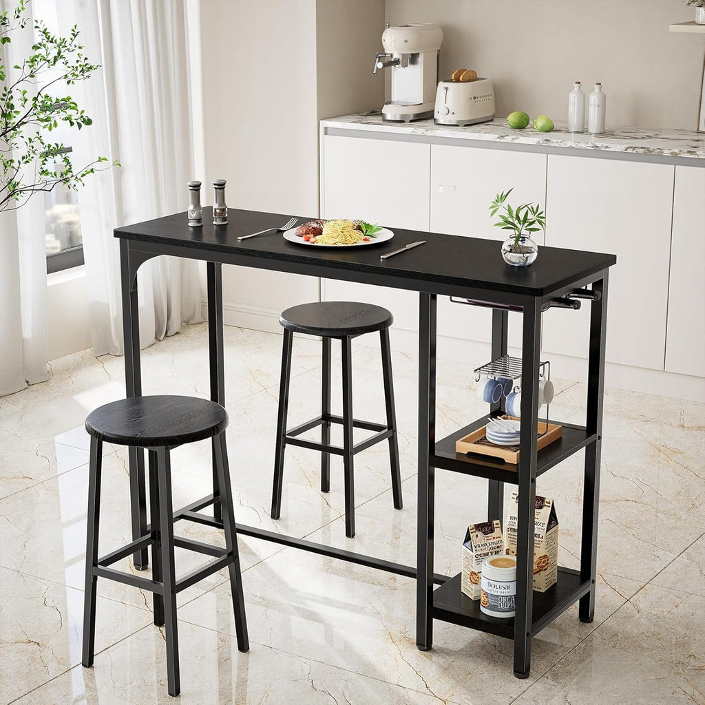 Bealife Bar Table with Bar Stool Set for 2 People, Pub Table Set with 2 Shelves and Glass Holder, Kitchen Bar Table Set for Kitchen, Living Room, Dining Room (Black)