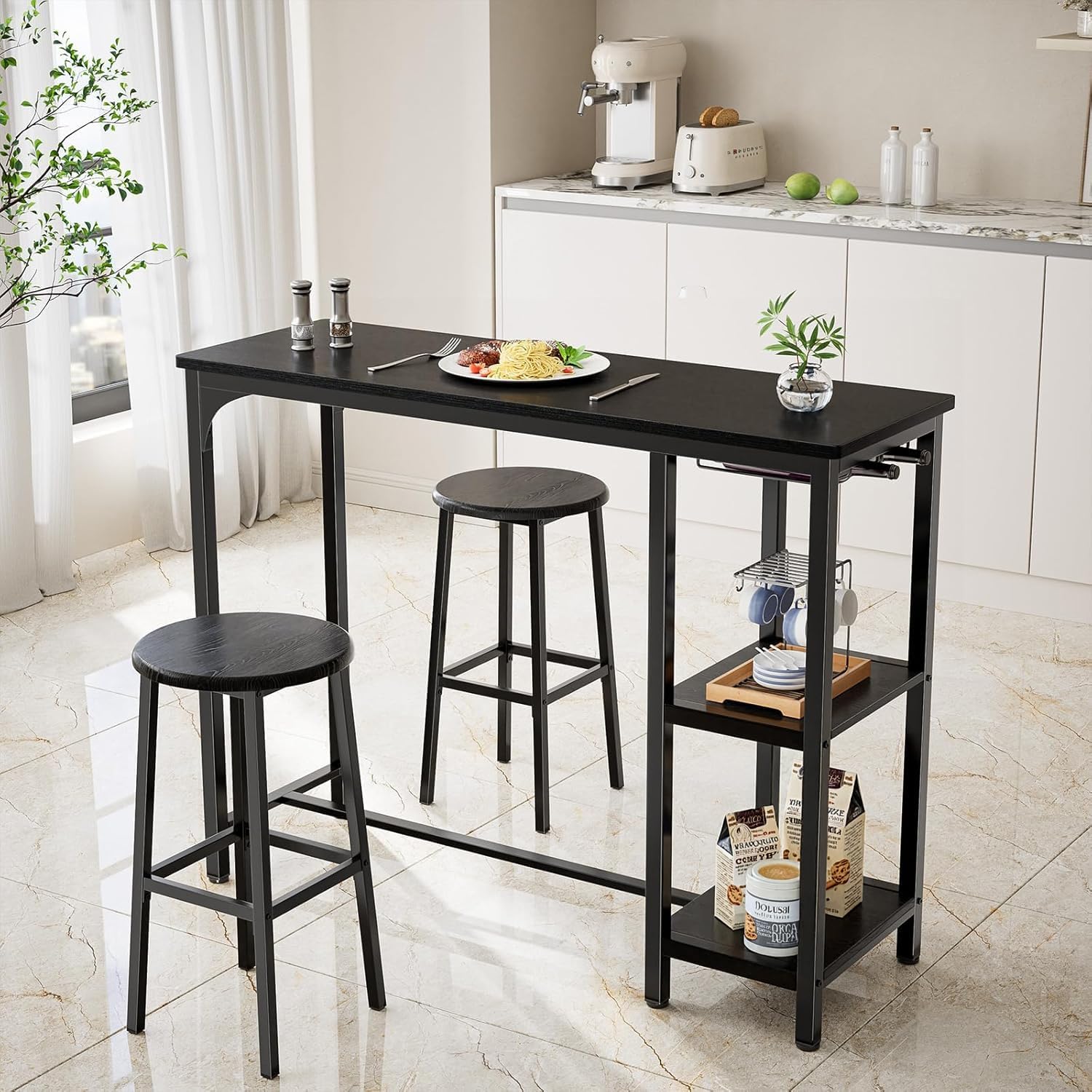 Bealife Bar Table with Bar Stool Set for 2 People, Pub Table Set with 2 Shelves and Glass Holder, Kitchen Bar Table Set for Kitchen, Living Room, Dining Room (Black)