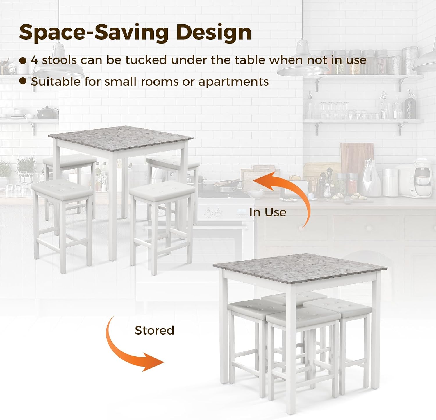 Giantex Dining Table Set for 4, Counter Height Dining Set with 4 Bar Stools, Space-Saving Kitchen Table Chairs Set for Small Place, Dinette, Breakfast Nook (White)