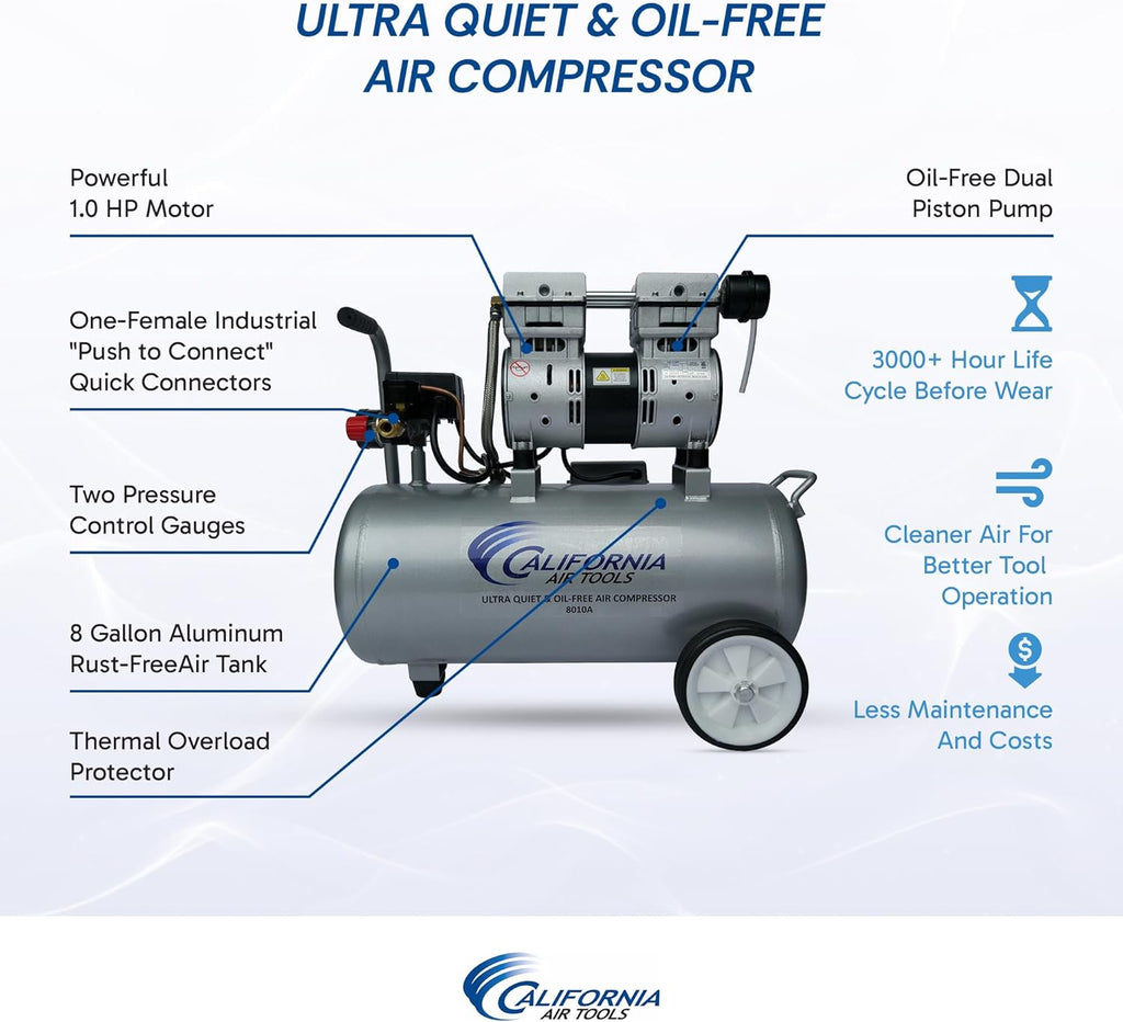 California Air Tools 8010A 1.0 HP Ultra Quiet and Oil-Free Air Compressor, 8 Gallon Aluminum Tank, Lightweight with Wheels, 60 dBA Noise Level