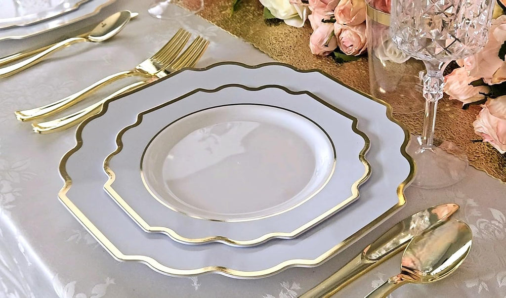 ' OCCASIONS ' 640 Piece set (80 Guests)-Heavyweight Wedding Party Disposable Plastic Plate Set - 80 x 10.5'' + 80 x 8'' + Silverware + Cups + Napkins (Imperial in White & Blue & Gold)