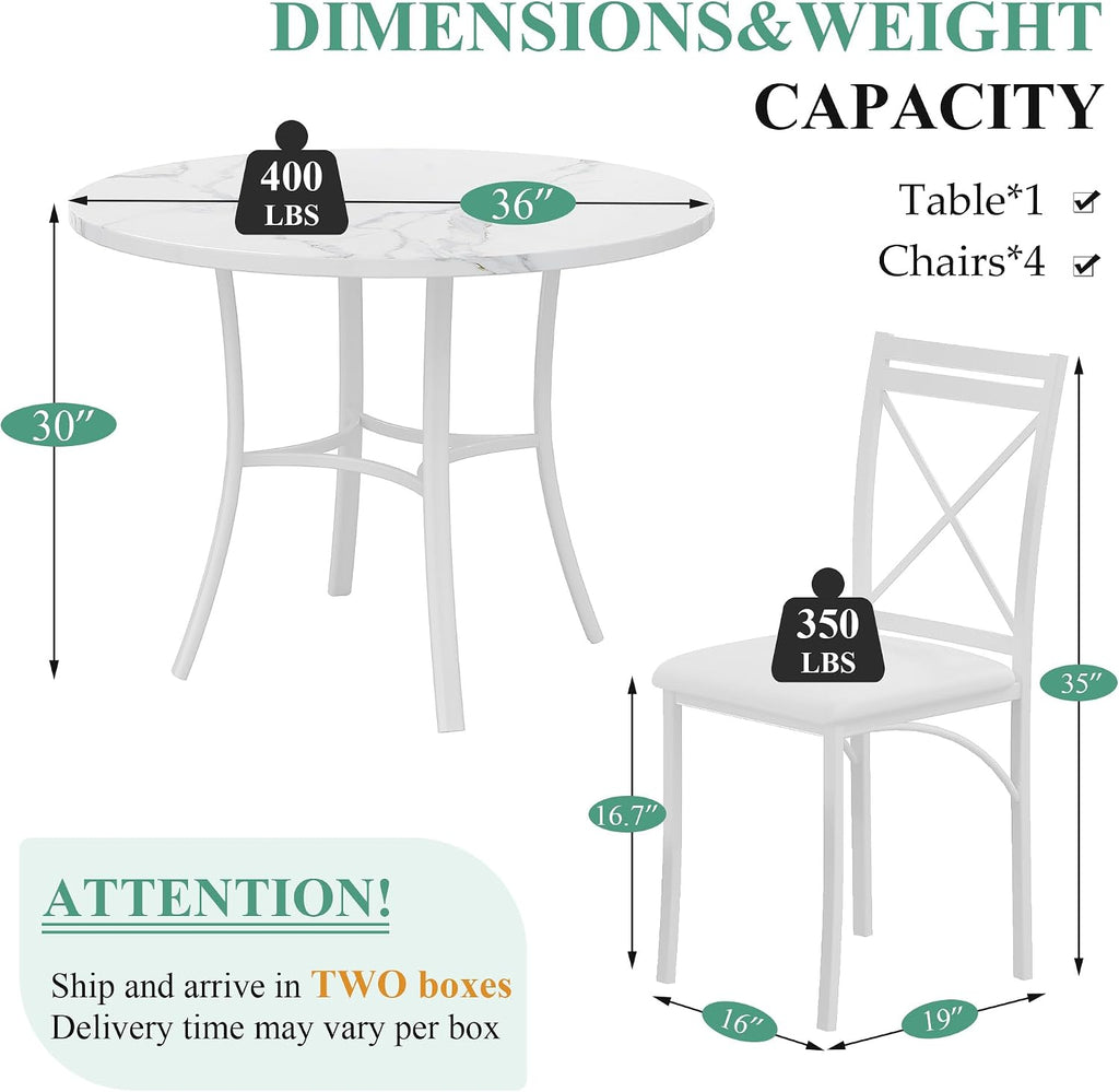 VECELO 5 Piece Dining Table Set for 4, Faux Marble Dinette with Chairs for Kitchen, Breakfast Nook, Small Space, Off White