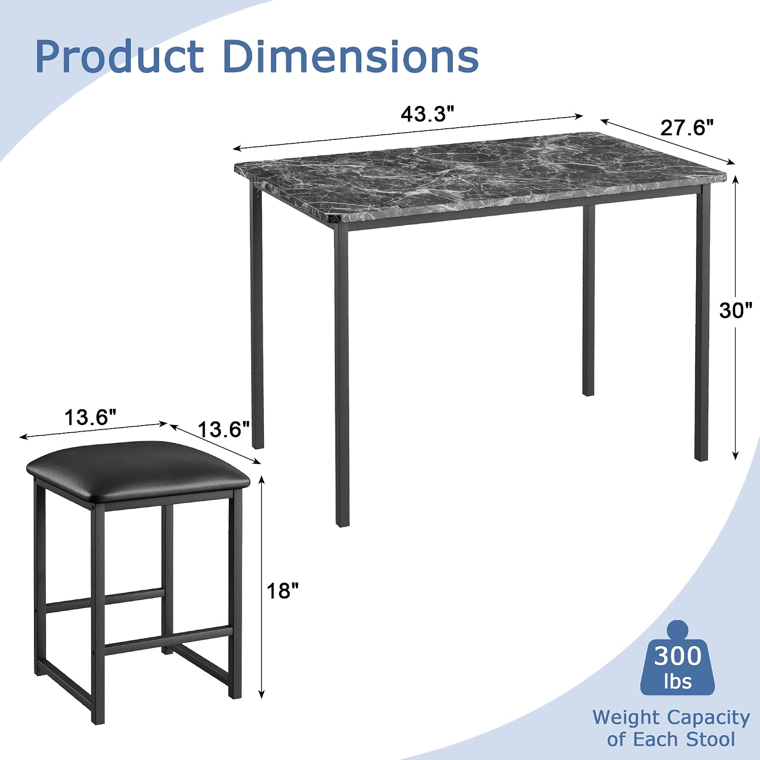 VECELO Kitchen Table and Chairs for 4, Dining Room Set with PU Chairs/Stools, Heavy-Duty Metal Frame, Faux Marble Tabletop, Space-Saving Design for Small Spaces, Easy Assembly, Veined Black