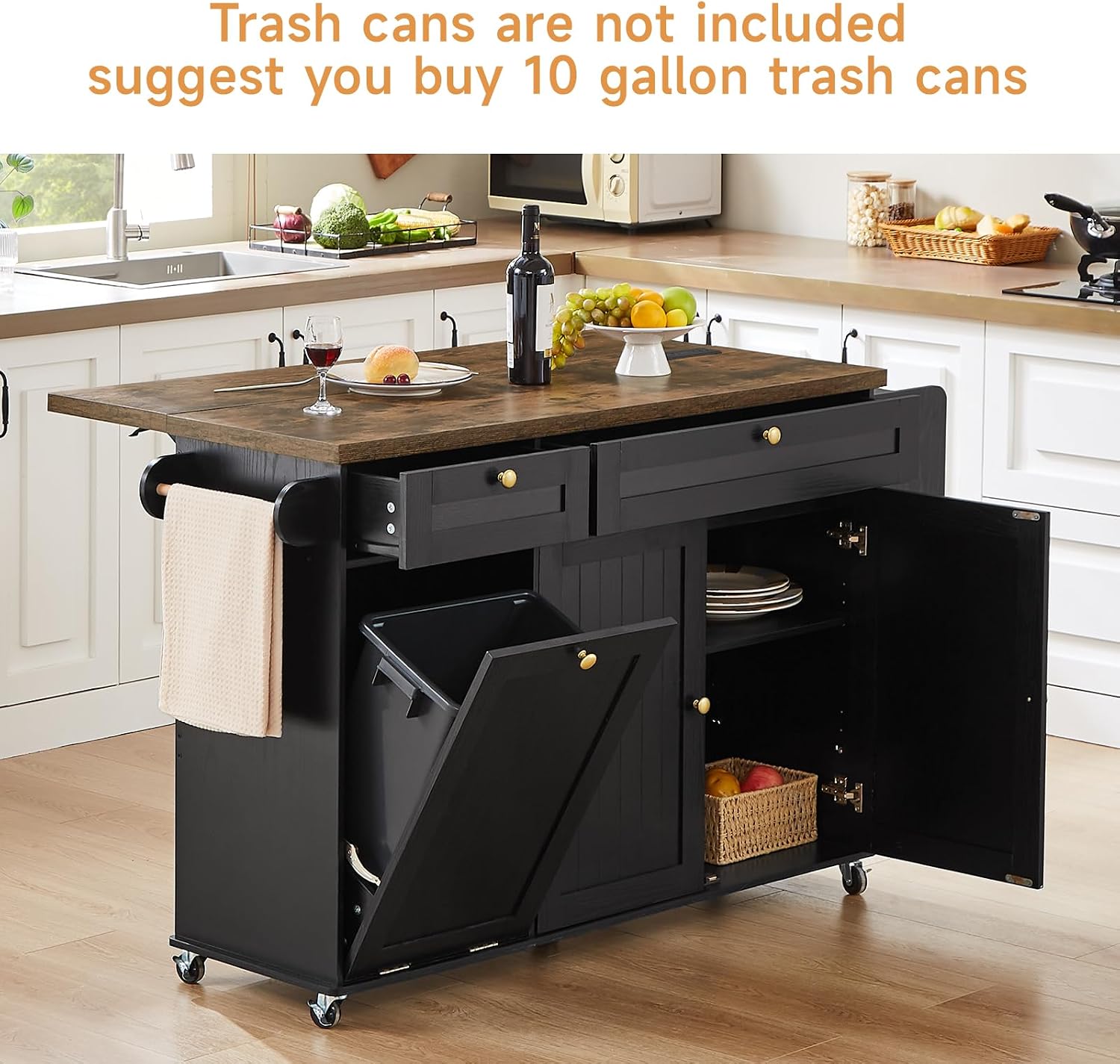 60' Kitchen Island with Power Outlet & Drop Leaf, Kitchen Rolling Island with Spice Rack & Towel Rack, Knife Holder, Kitchen Island Cart with Trash Storage Cabinet, Mobile Island Table for Kitchen