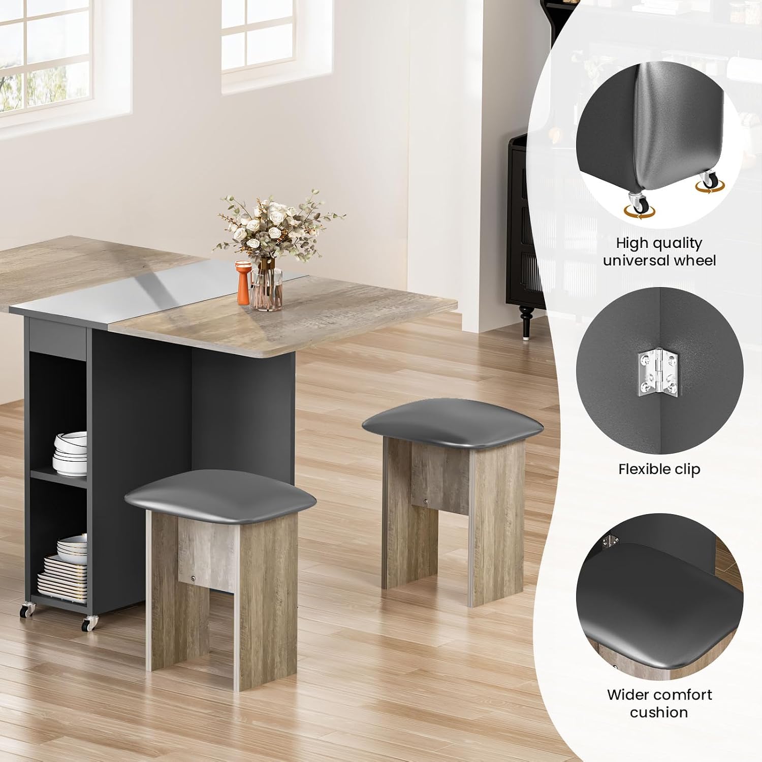 AWQM Foldable Dining Table Set for 4,Folding Dining Table with 4 Leather Chairs & Storage,Drop Leaf Dinner Table with 6 Wheels,Folding Kitchen Table and Chairs Set for Small Spaces,Grey