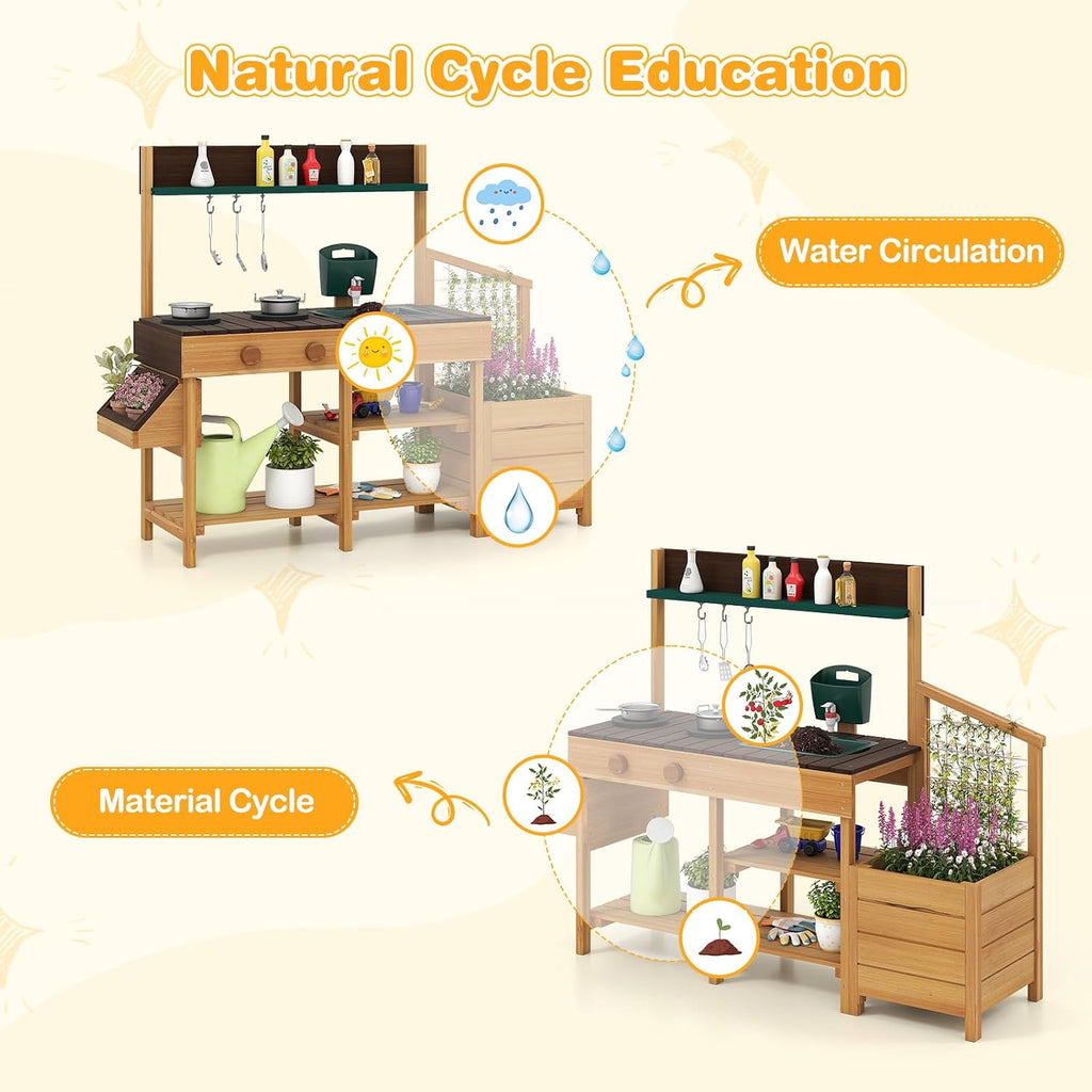 HONEY JOY Mud Kitchen, Cedar Wood Pretend Play Kitchen for Toddlers, Plant Growing Box & Trellis, Real Faucet w/Running Water, Sink, Accessories, Outdoor Kids Kitchen Playset for Garden Fun(Natural)