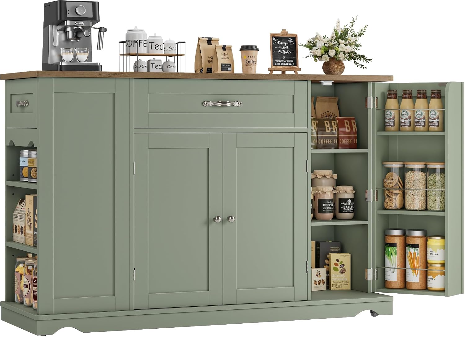 HOSTACK Kitchen Island Cart with Storage, 47'' Kitchen Storage Island on Wheels with 2 Drawers, Rolling Island Table with Adjustable Shelves, Mobile Buffet Sideboard Cabinet for Dining Room, Green