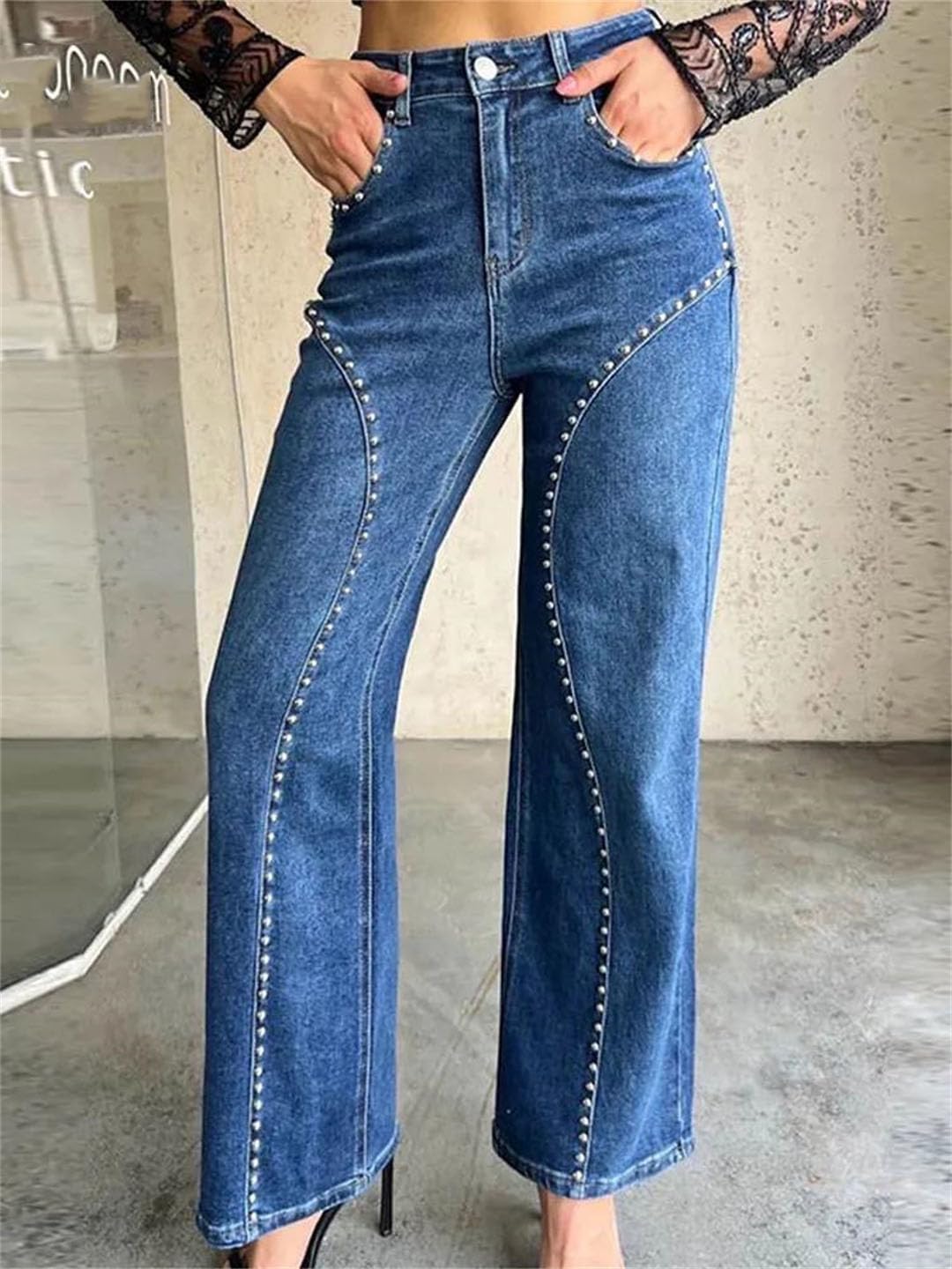 Women Studded Denim Straight Pants High Waist Hip Package Metal Rivets Design Trousers Club Wear Style