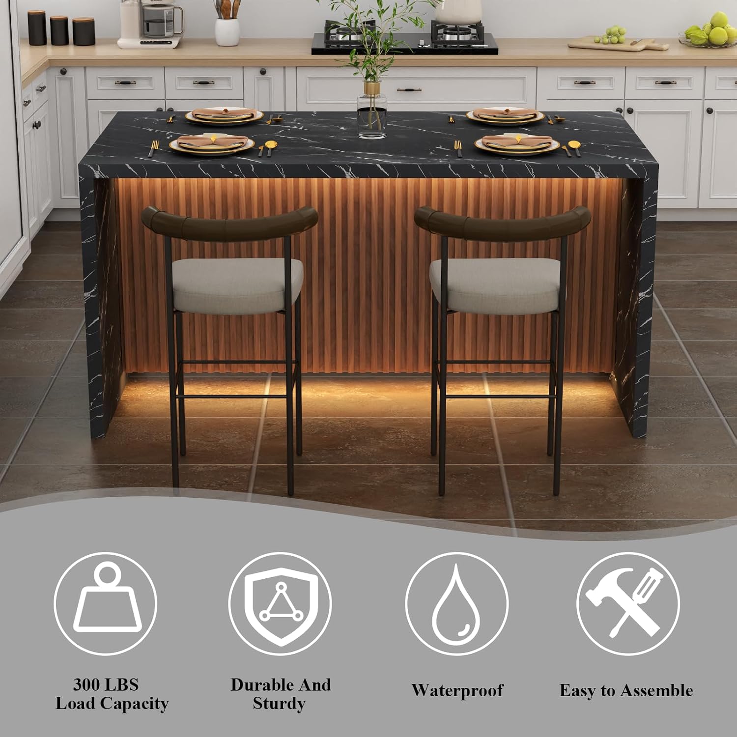 63' Large Imitation Marble Dining Table for 4-6 People(Patent Pending),Island Table with LED Lights,Mordern Marble Stripes Kitchen Dining Table with Grille design for Dining Room,Living Room (Black)