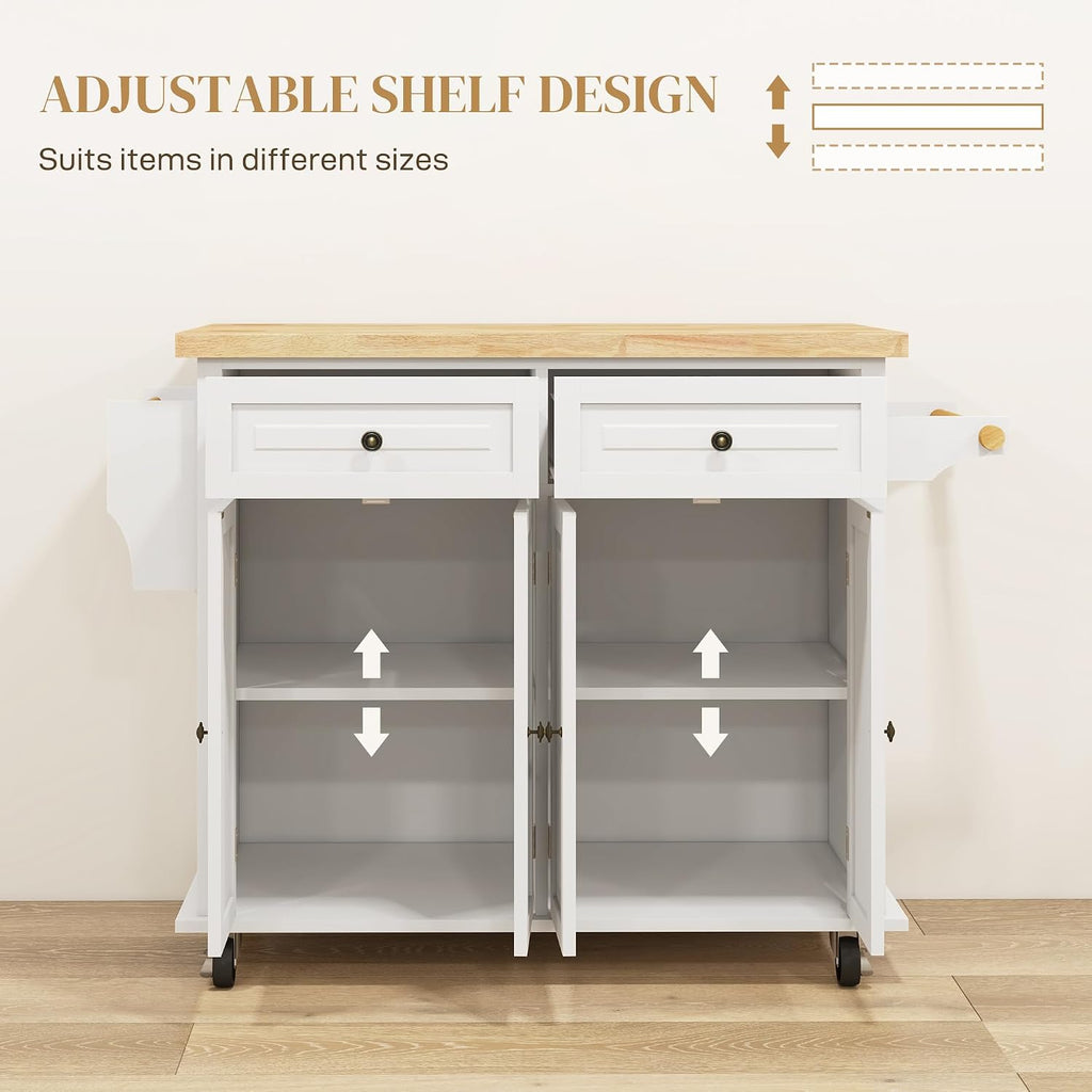 HOMCOM Kitchen Island Cart with Solid Wood Top, 44' Mobile Kitchen Island Table on Wheels with Storage Cabinets, 2 Drawers, Adjustable Shelves, Spice Rack & Towel Bar for Dining Room, Cream White