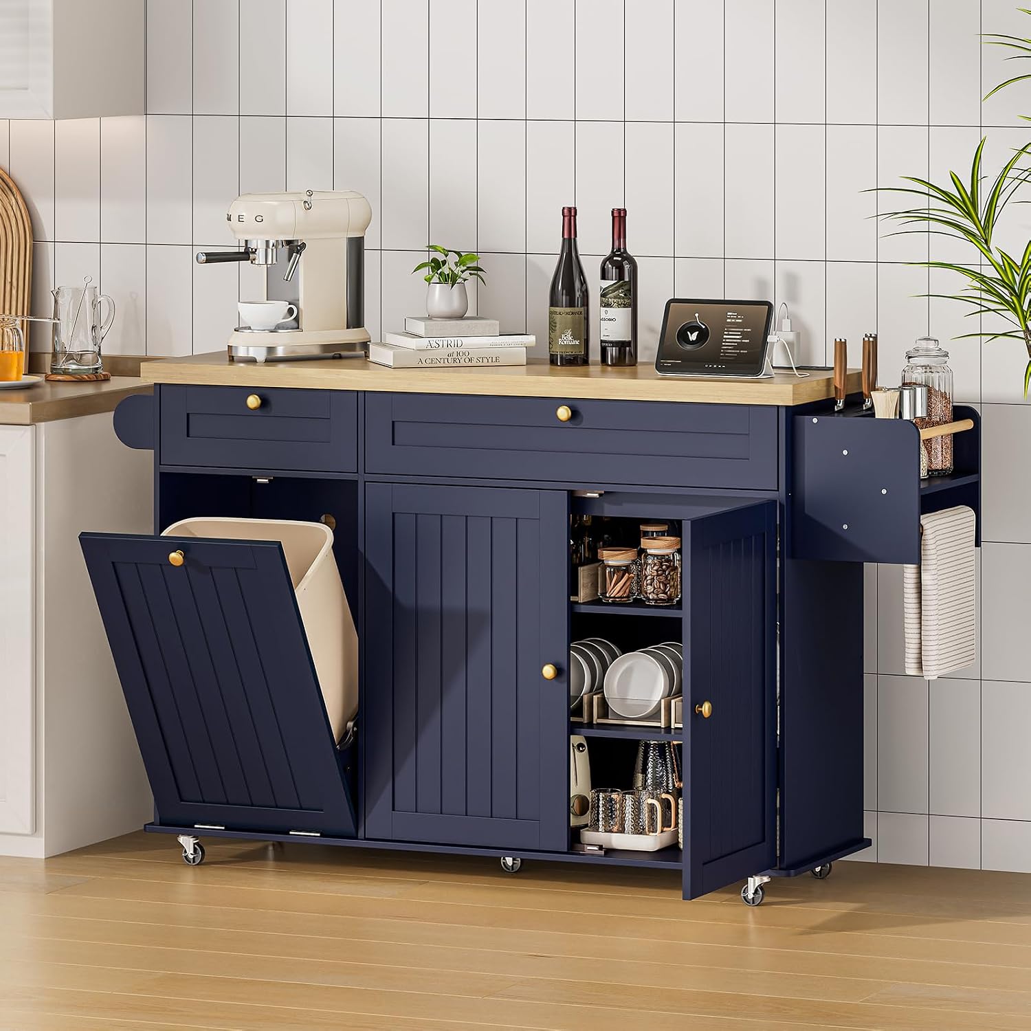 ONBRILL 60' Kitchen Island with Power Outlet & Drop Leaf, Mobile Storage Island with Spice Rack & Towel Rack, 4 Levels, Blue