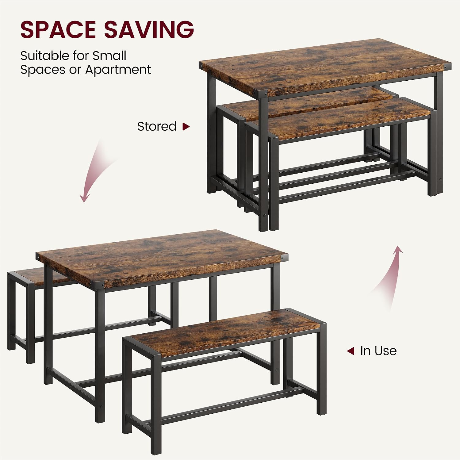 IDEALHOUSE Dining Table Set for 4, Kitchen Table with Benches, Rectangular Dining Room Table Set with 2 Metal Wood Benches, 3 Piece Dining Table Set for Small Space, Apartment, Dinette, Retro Brown