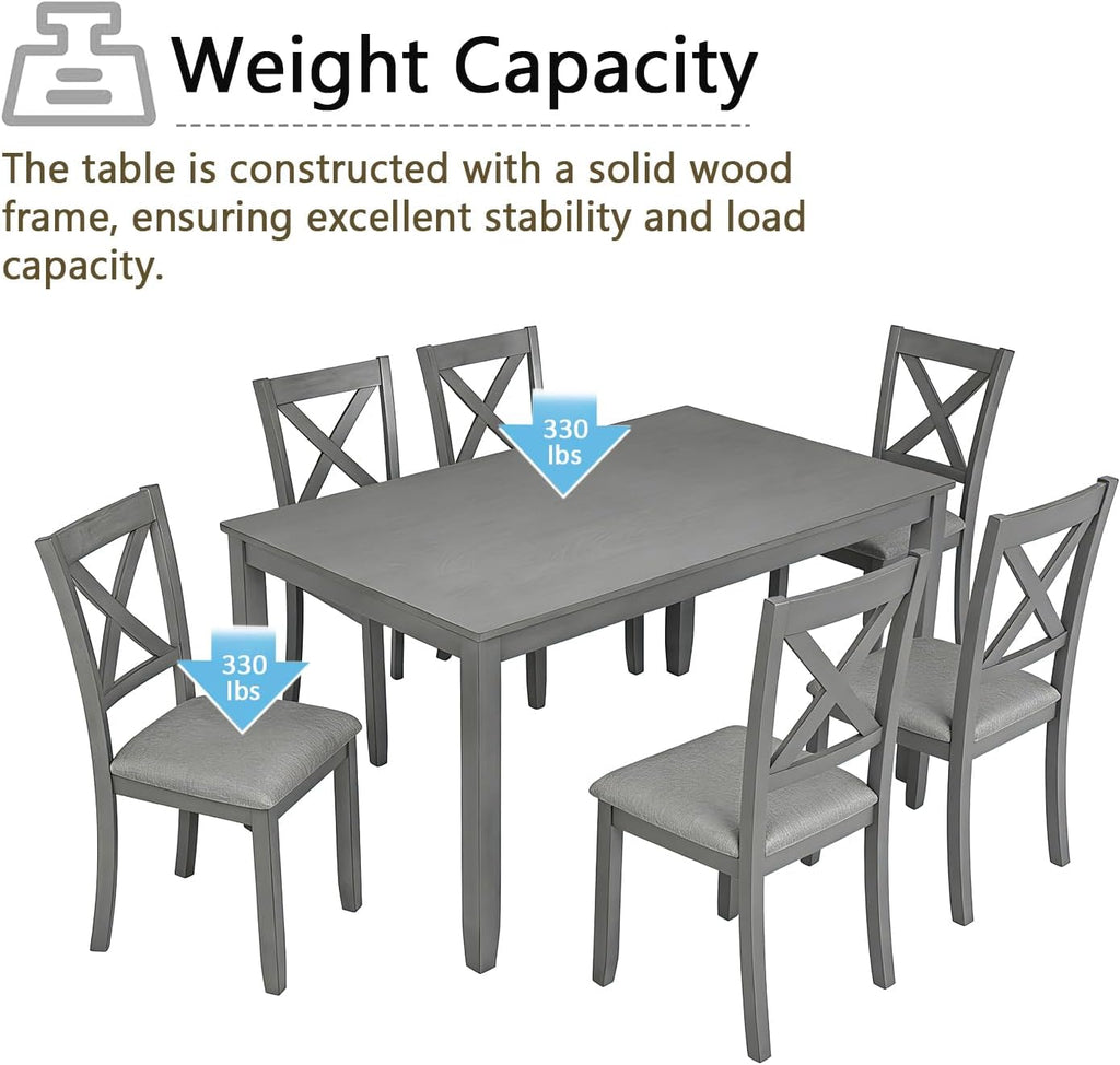 Harper & Bright Designs Modern 7-Piece Dining Set,58.5' Solid Wood Table & 6 Padded X-Back Style Chairs, Grey for Kitchen/Dining Room, 6-Person Seating