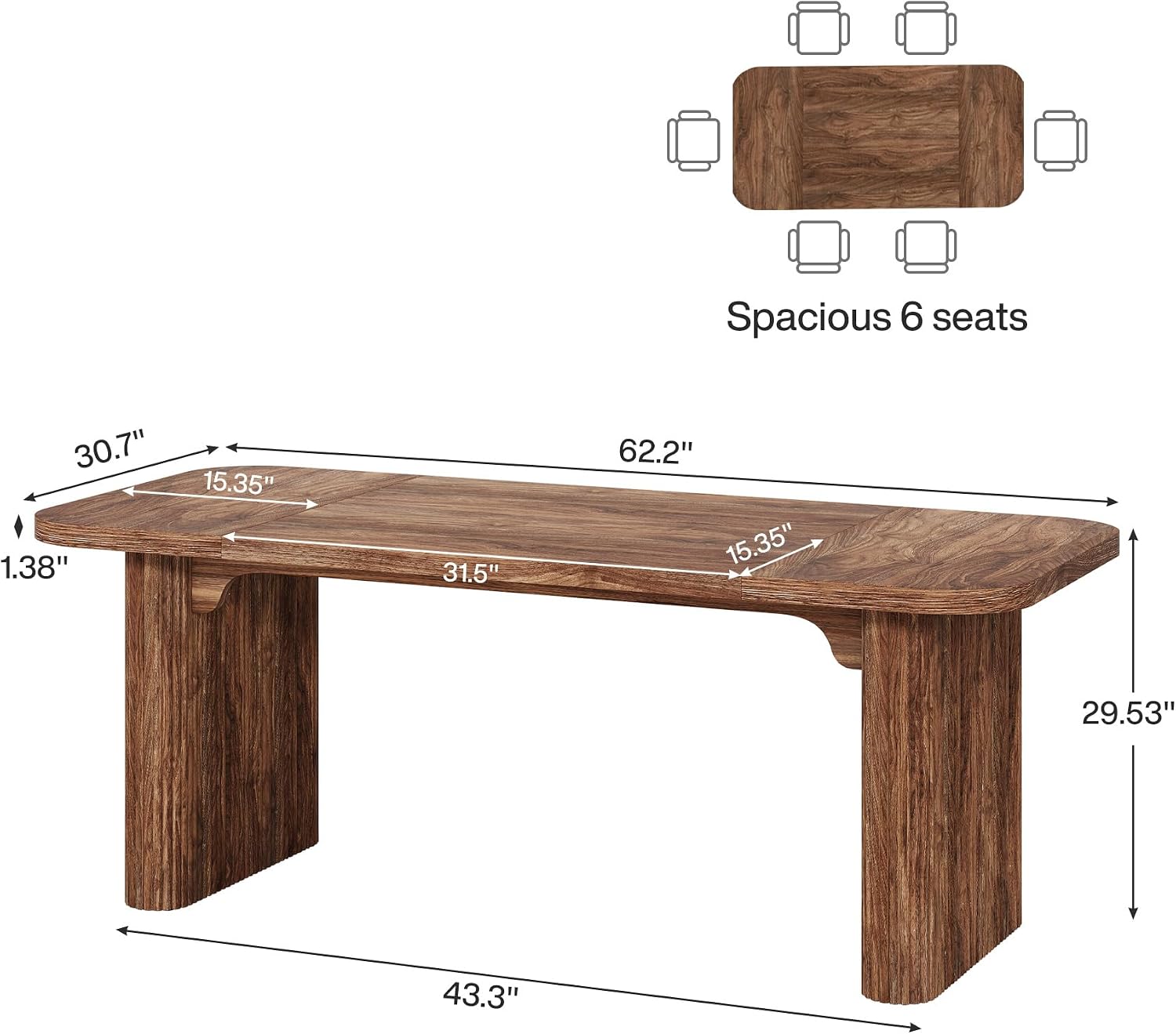 Tribesigns Modern Dining Table for 6 People, 62-Inch Dark Brown Kitchen Table with Double Robust Pedestal, Long Rectangle Wood Dinner Table for Dining Room