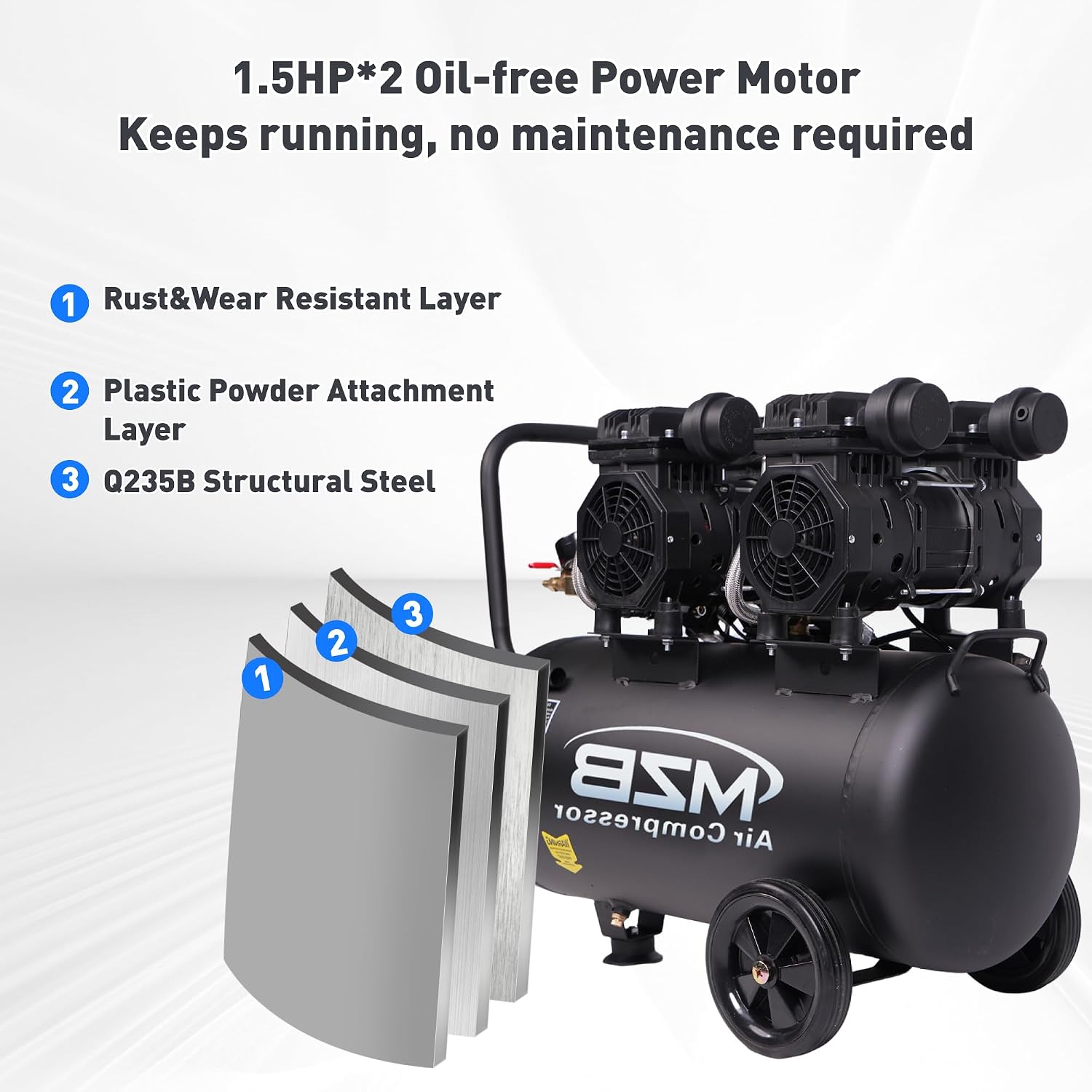 13.2 Gallon Ultra Quiet Air Compressor 115PSI Steel Tanks 70dB Noise Level Oil Free Air Compressor