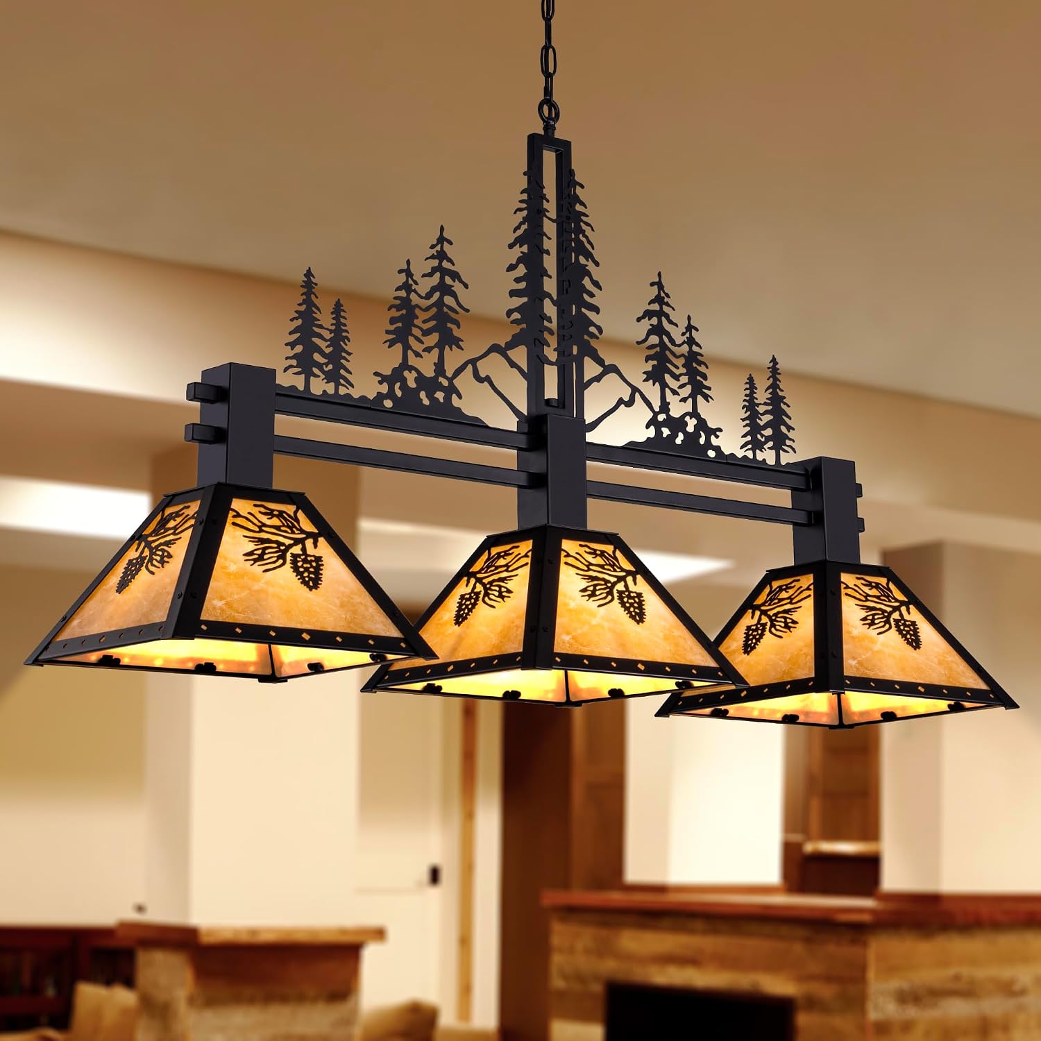 TOCHIC 3-Light Pool Table Light for 7' 8' 9' Table, 48' Rustic Tiffany Billiard Pool Table Lights, Farmhouse Chandelier for Dining Room Hanging Ceiling Light Fixture for Game Room Basement Bar