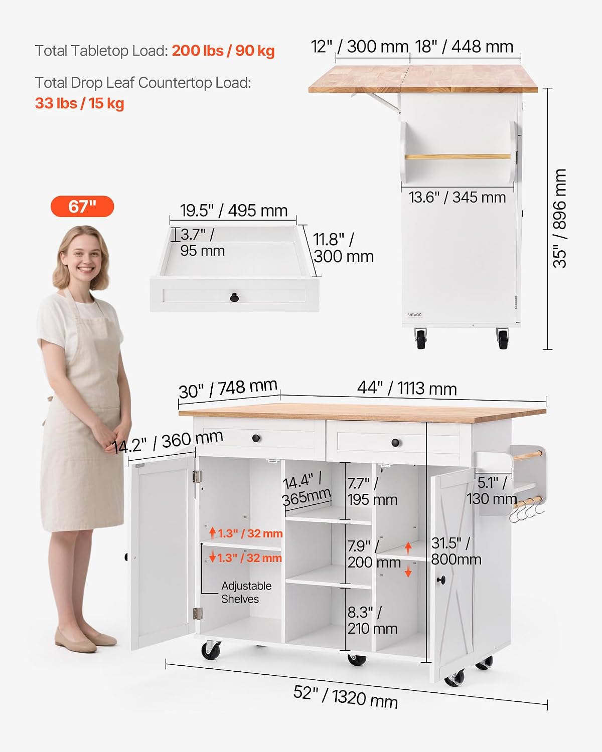 VEVOR Kitchen Island Cart, with Solid Wood Top and Storage Cabinet, Mobile Rolling Table with Drop Leaf, Drawers, Spice Towel Rack, Portable Islands on Swivel Wheels for Dining Room, 52in Width, White