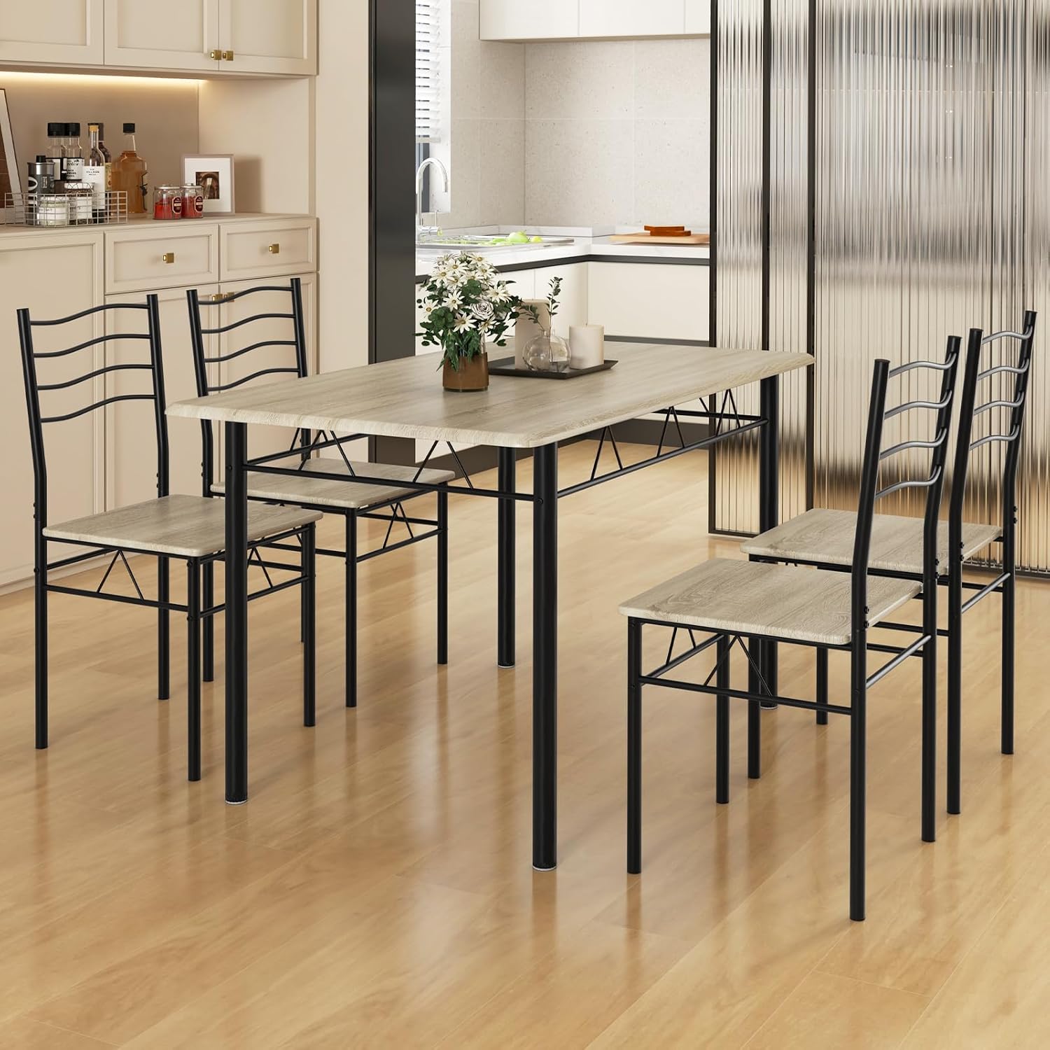 Giantex 47-inches Dining Table Set for 4, Rectangular Kitchen Table with 4 Dining Chairs, Metal Frame, 5-Piece Space-Saving Dinette Set for Small Space, Dinner, Breakfast Nook, Apartment