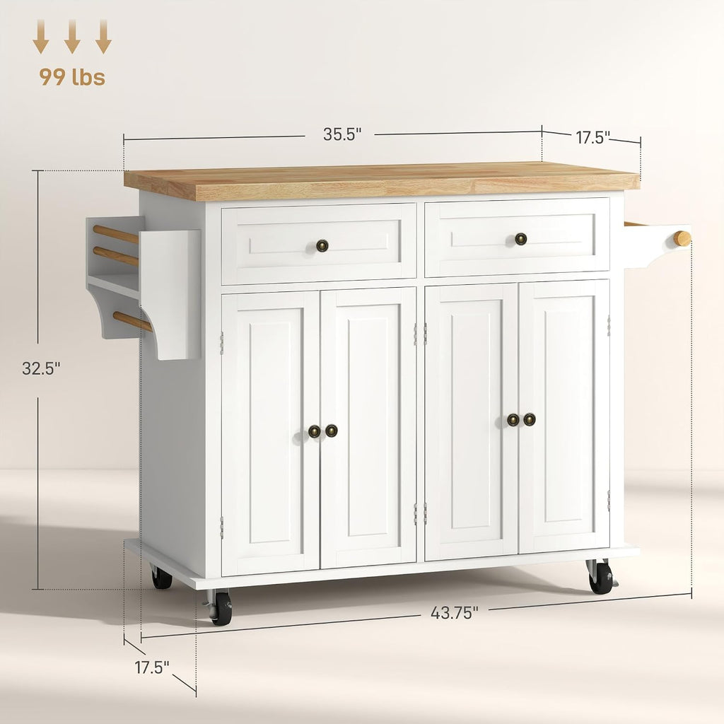 HOMCOM Kitchen Island Cart with Solid Wood Top, 44' Mobile Kitchen Island Table on Wheels with Storage Cabinets, 2 Drawers, Adjustable Shelves, Spice Rack & Towel Bar for Dining Room, Cream White