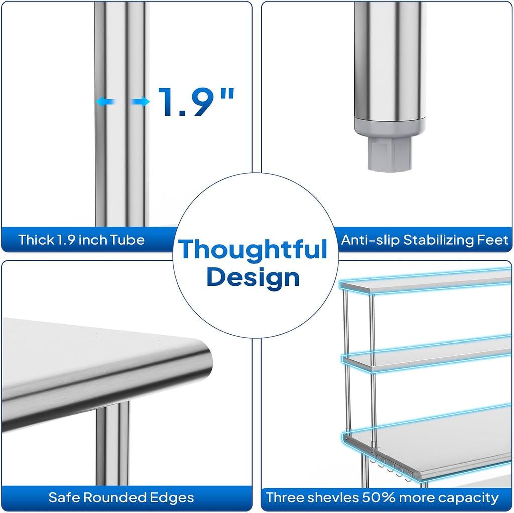 ROVSUN All Stainless Steel Table with Overshelves 48' X 30', NSF Commercial Heavy Duty Pre Table with Adjustable Undershelf & Detachable Hooks for Kitchen Restaurant Hotel Garages