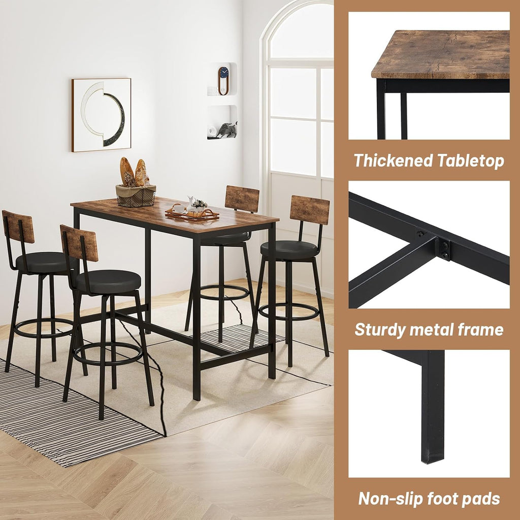 Zevemomo Dining Table Set for 4, 5-Piece Bar Table Set, Kitchen Table and Chairs, Counter Height High Top Table with 4 PU Upholstered Stools, Space-Saving Pub Table Sets for Small Space, Brown