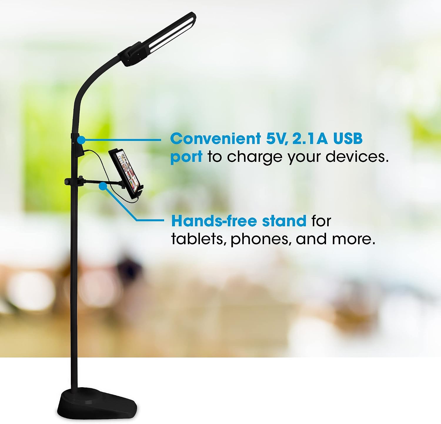 OttLite Dual Shade LED Standing Floor Lamp with Adjustable Stand - Wide Range of Illumination with Built-in 2.1A USB Charging Port and Flexible Neck - 4 Brightness Settings for Reading & Studying