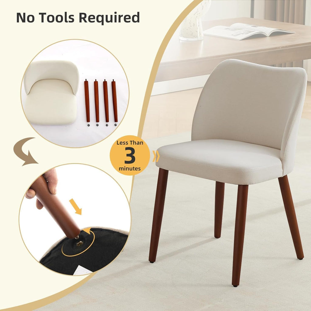 Wooden Dining Chairs Set of 4,Farmhouse Kitchen Chairs with Curved Back,Modern Fabric Upholstered Chairs for Dining Room, Cream