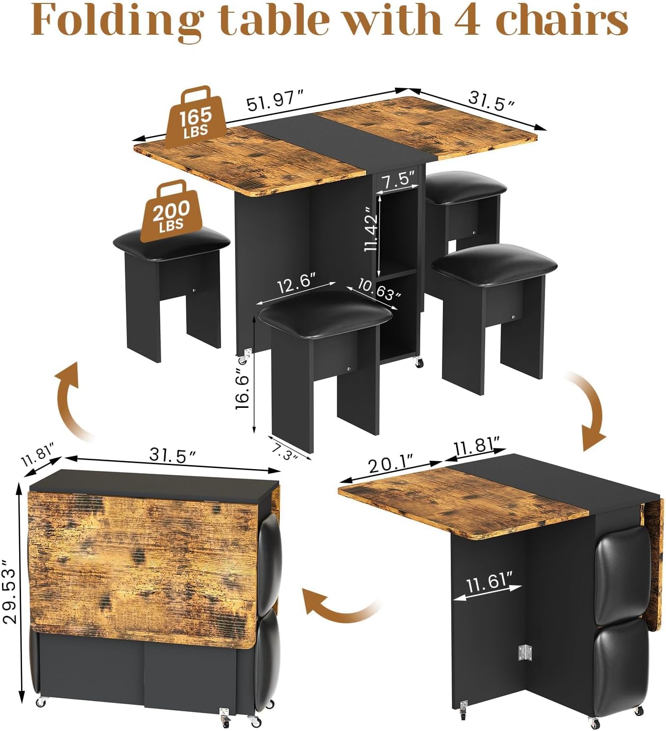 AWQM Foldable Dining Table Set for 4,Folding Dining Table with 4 Leather Chairs & Storage,Drop Leaf Dinner Table with 6 Wheels,Folding Kitchen Table and Chairs Set for Small Spaces,Walnut